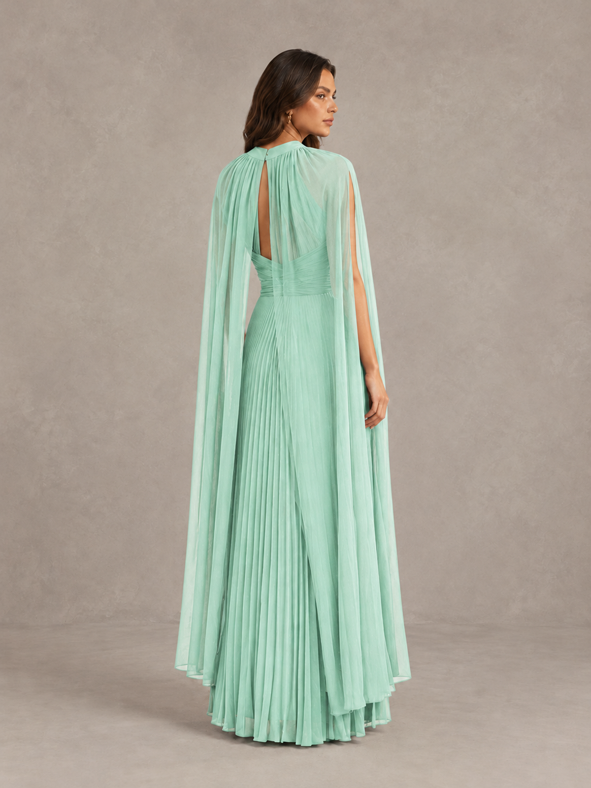 BOLODOO Mint Green Pleated Cape Maxi Wedding Guest Dress - Mint Green - Mint Green (2)
