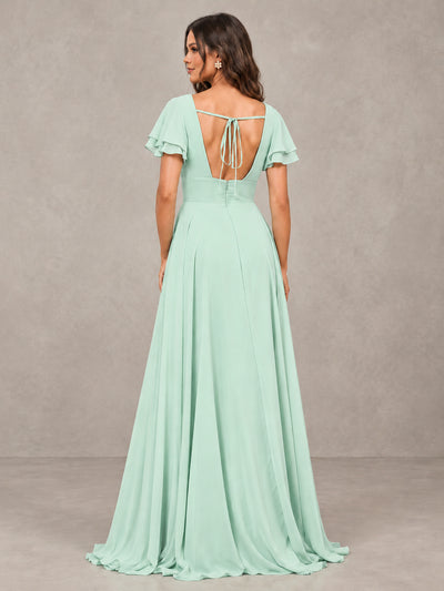 BOLODOO Mint Green Flutter Sleeve Chiffon A-Line Maxi Bridesmaid Dress with Open Back & Slit - Mint Green - Mint Green (2)