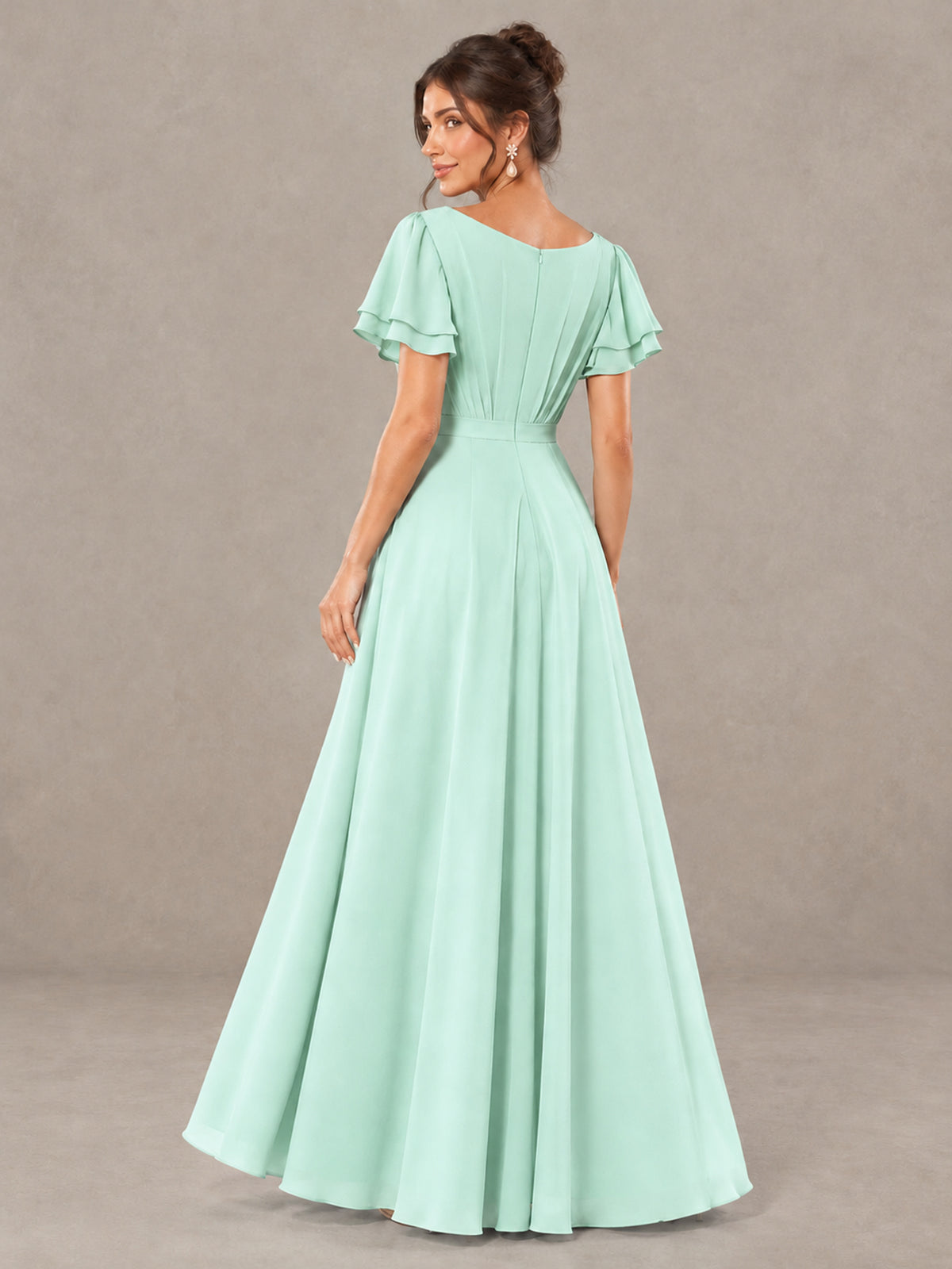BOLODOO Mint Green Flutter Sleeve Ruffle Bridesmaid Dress with Slit - Mint Green - Mint Green (2)