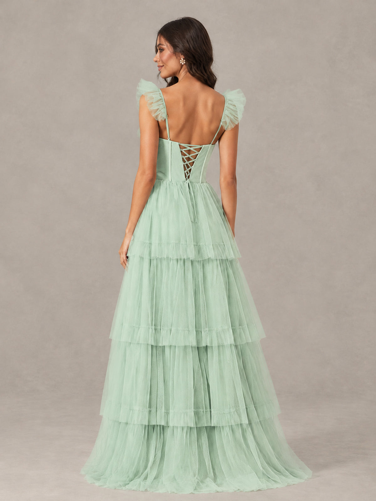 BOLODOO Mint Green Tiered Tulle Bridesmaid Dress with Slit - Mint Green - Mint Green (2)