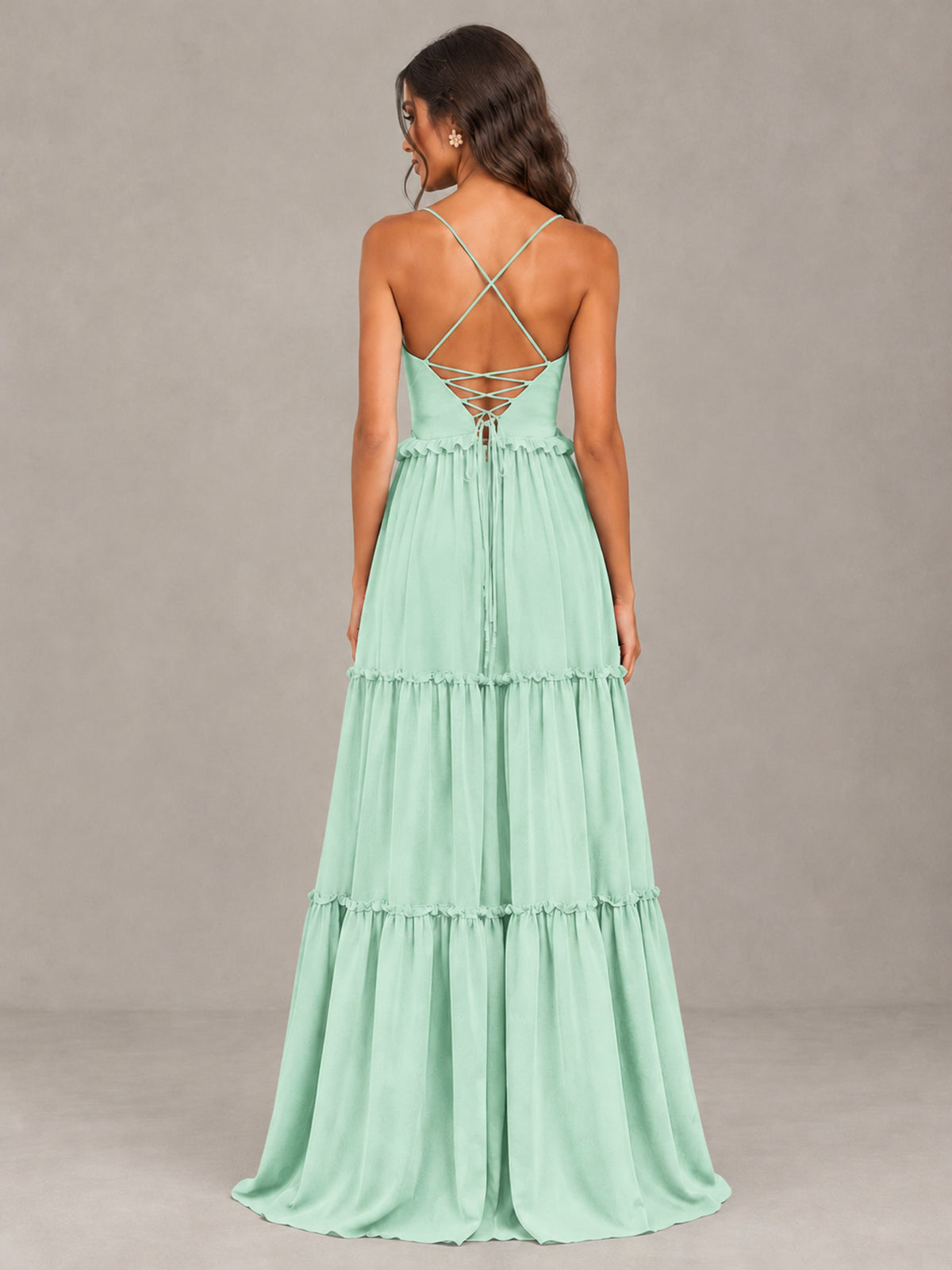 BOLODOO Mint Green Tiered V-Neck Lace-Up Back Bridesmaid Dress - Mint Green - Mint Green (2)