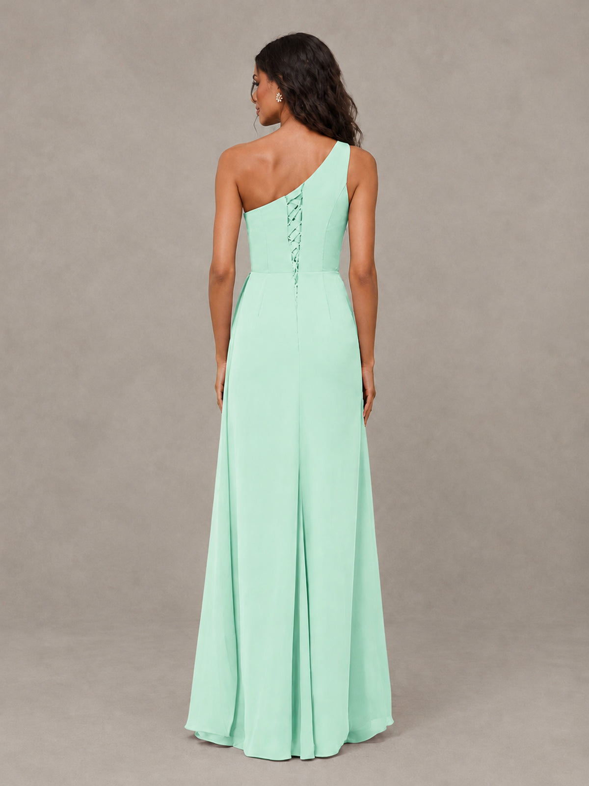 BOLODOO Mint Green One-Shoulder Chiffon Bridesmaid Dress with Ruched Bodice & High Slit - Mint Green - Mint Green (2)