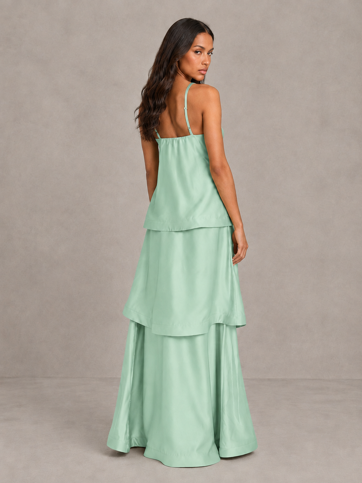 BOLODOO Mint Green Satin Tiered Maxi Dress with Spaghetti Straps - Mint Green