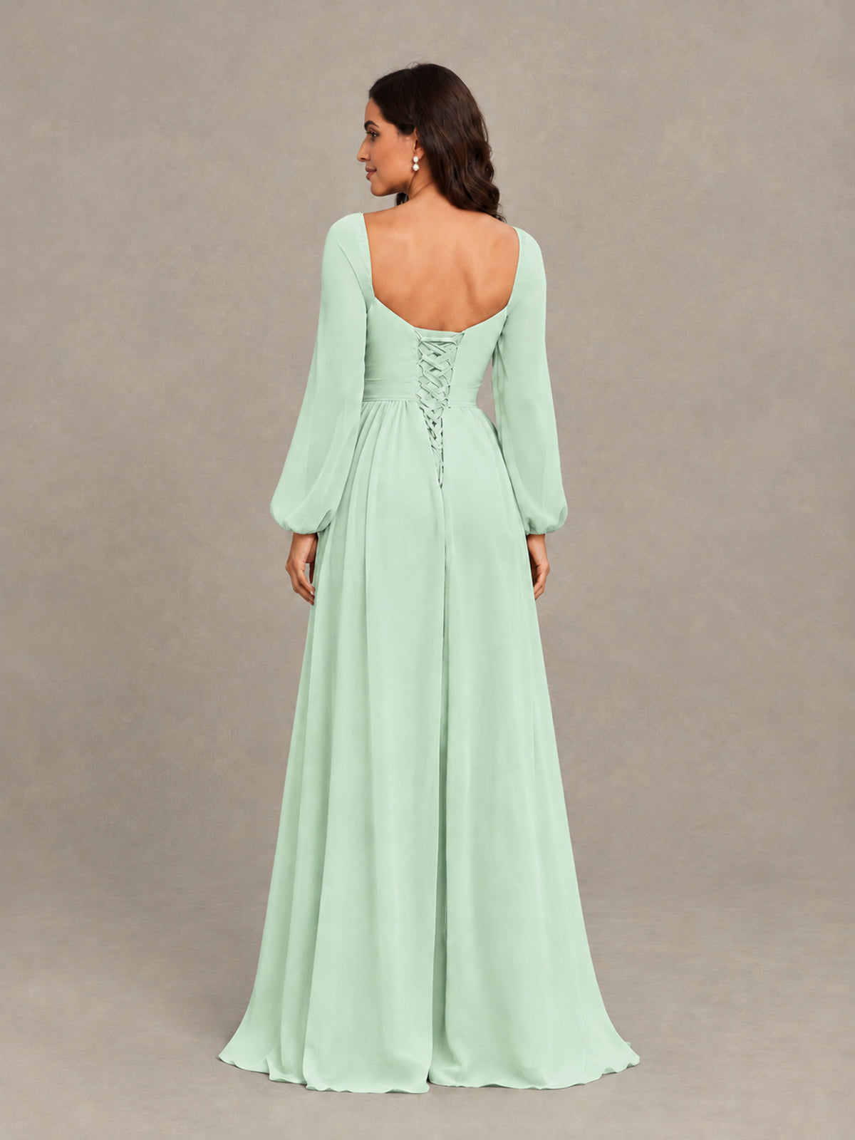 BOLODOO Mint Green Long Sleeve Chiffon Bridesmaid Dress with Slit - Mint Green - Mint Green (2)