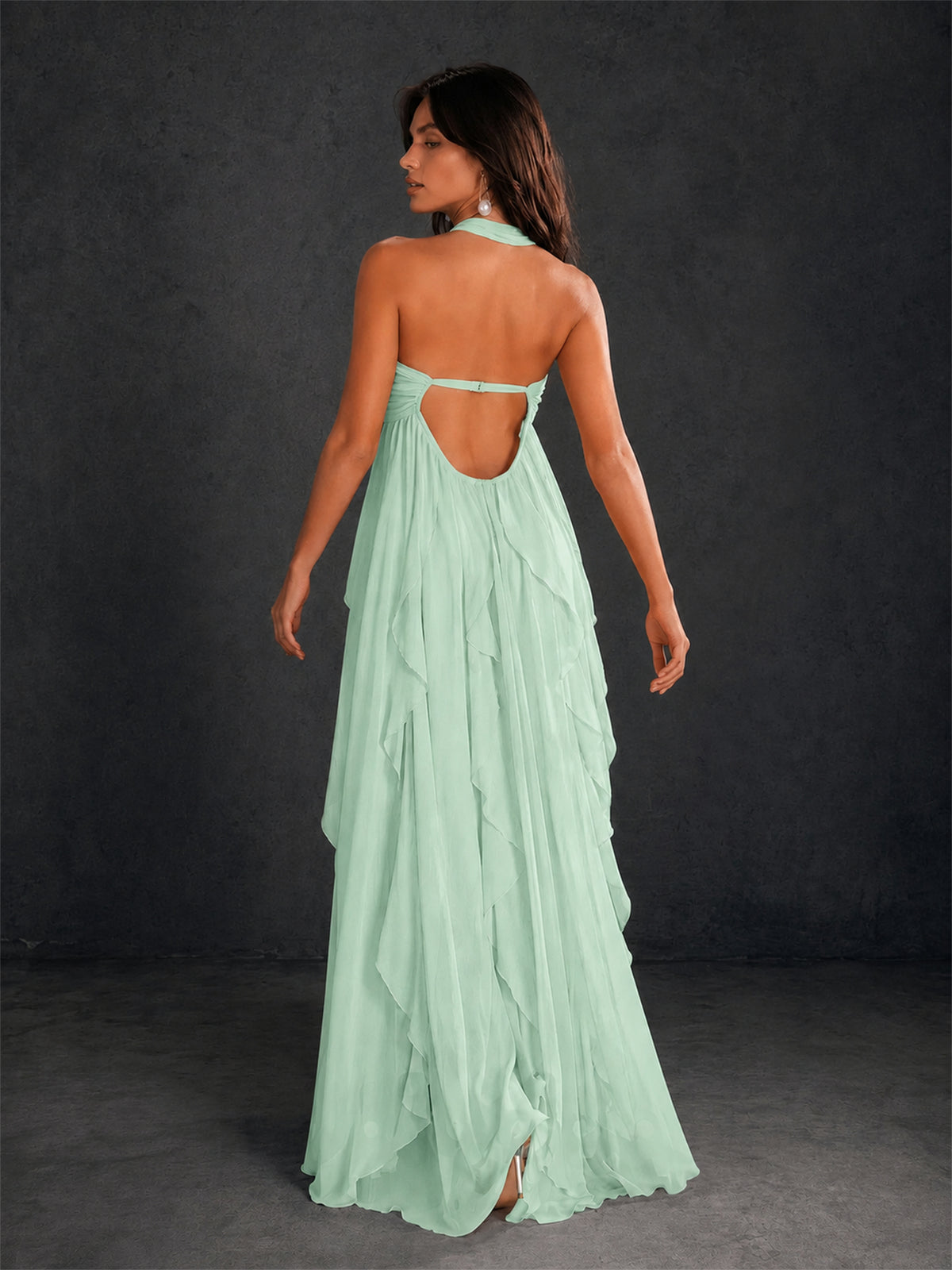 BOLODOO Mint Green Halter Neck Cascading Ruffle Chiffon Maxi Dress | Keyhole Open Back - Mint Green