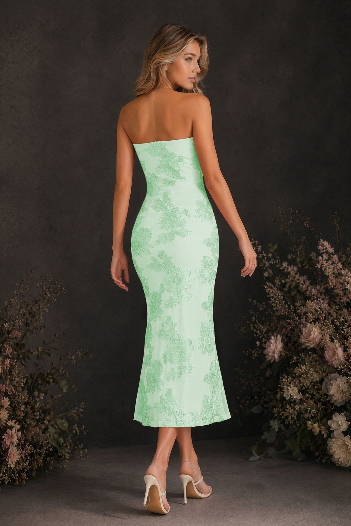 BOLODOO Mint Green Tonal Floral Embroidered Mesh Strapless Open Back Bodycon Midi Tea Length Dress - Mint Green