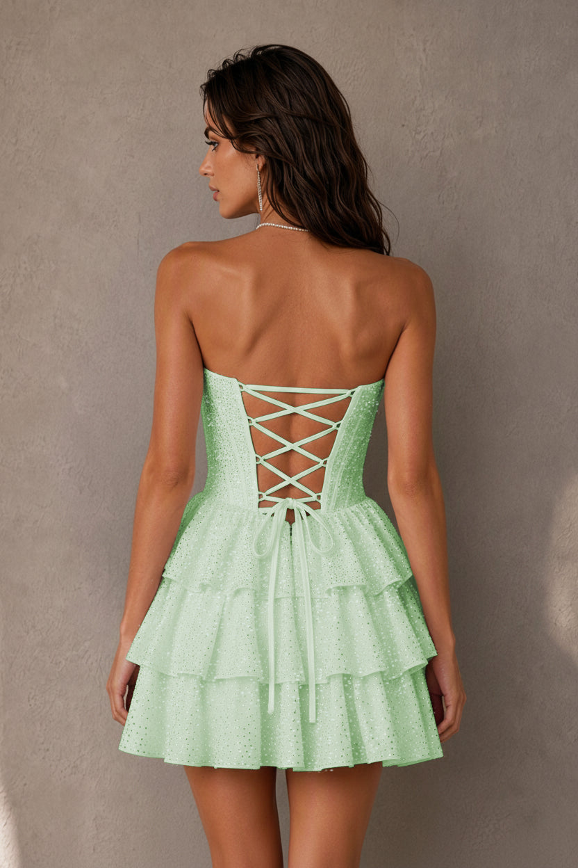 BOLODOO Navy Rhinestone Strapless Corset Tiered Ruffle Lace-Up Back Homecoming Mini Dress - Mint Green - Mint Green