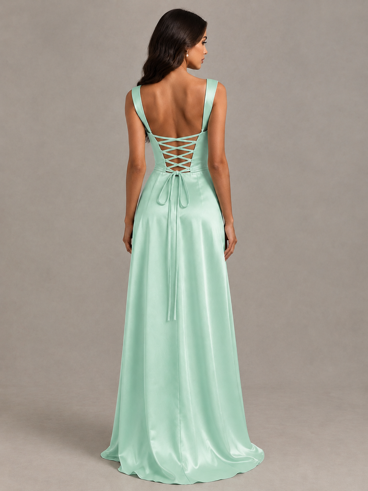 BOLODOO Mint Green Satin Lace-Up Bridesmaid Dress with Slit - Mint Green - Mint Green (2)