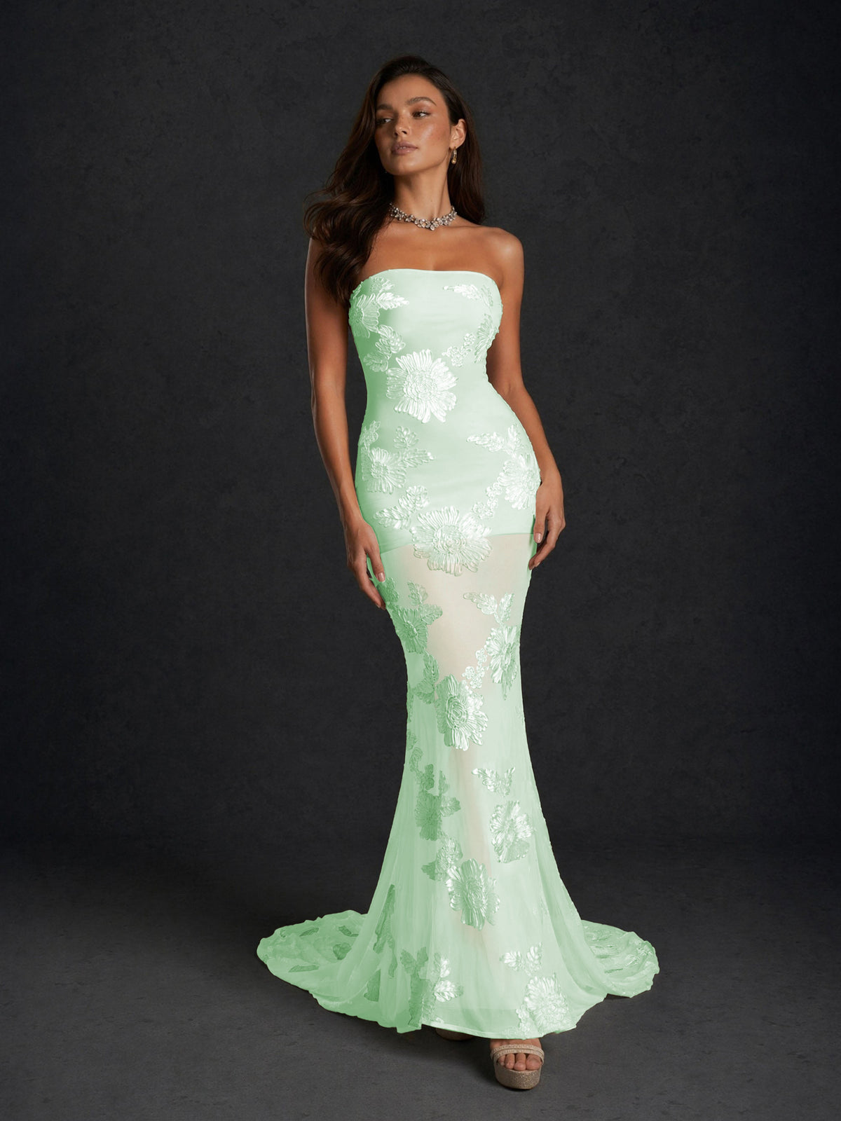 BOLODOO Mint Green Champagne Gold Floral Sequin Embroidered Mesh Strapless Open Back Mermaid Maxi Dress with Train - Mint Green