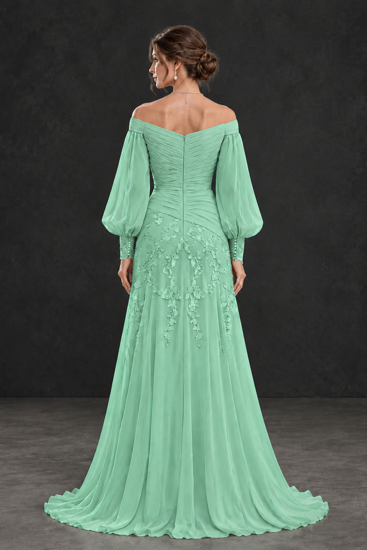 BOLODOO Mint Green Long Sleeve Mother of the Bride Dress with Floral Appliqués - Mint Green - Mint Green (2)