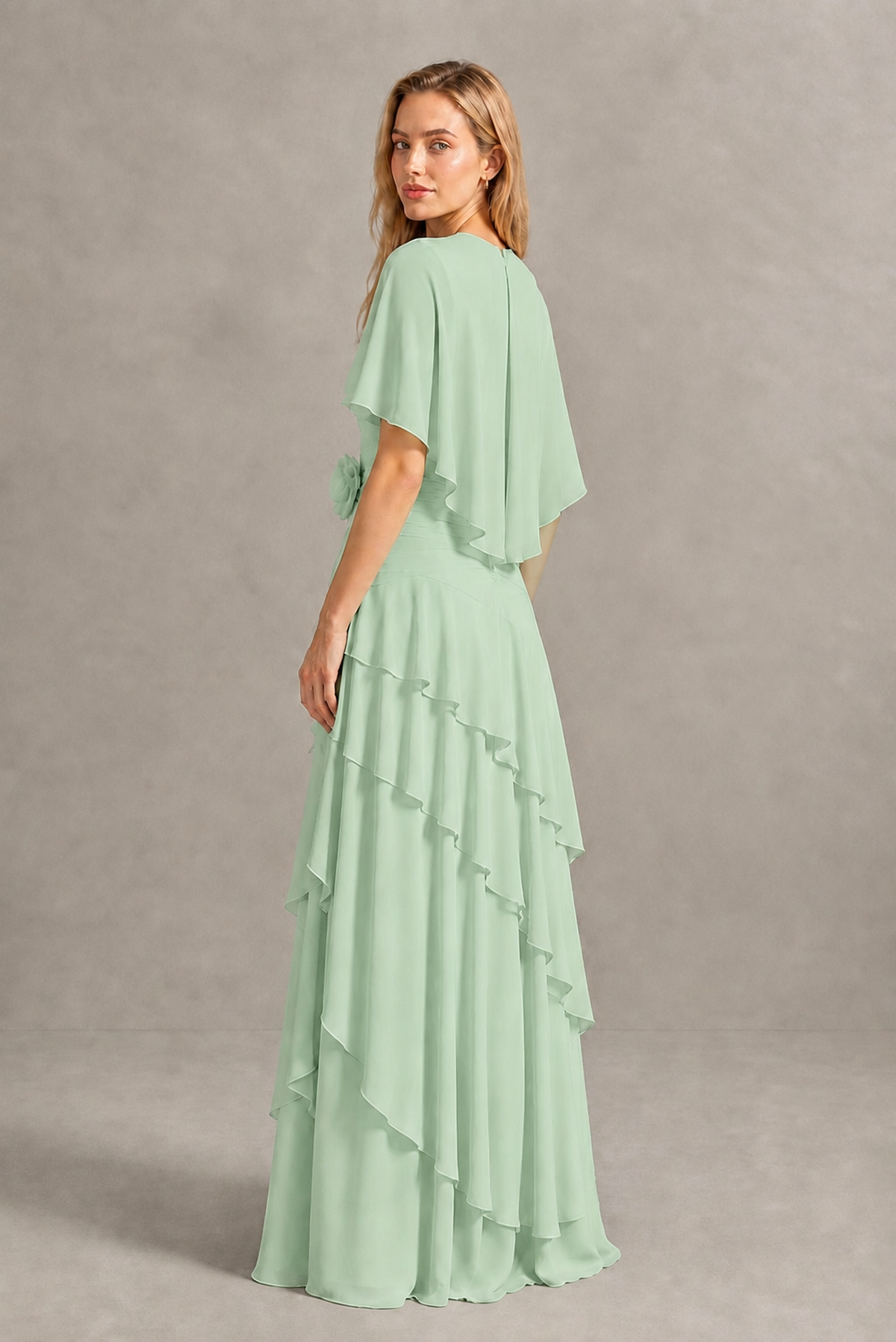 BOLODOO Mint Green Chiffon Flutter Sleeve Tiered Maxi Dress with 3D Rosette - Mint Green