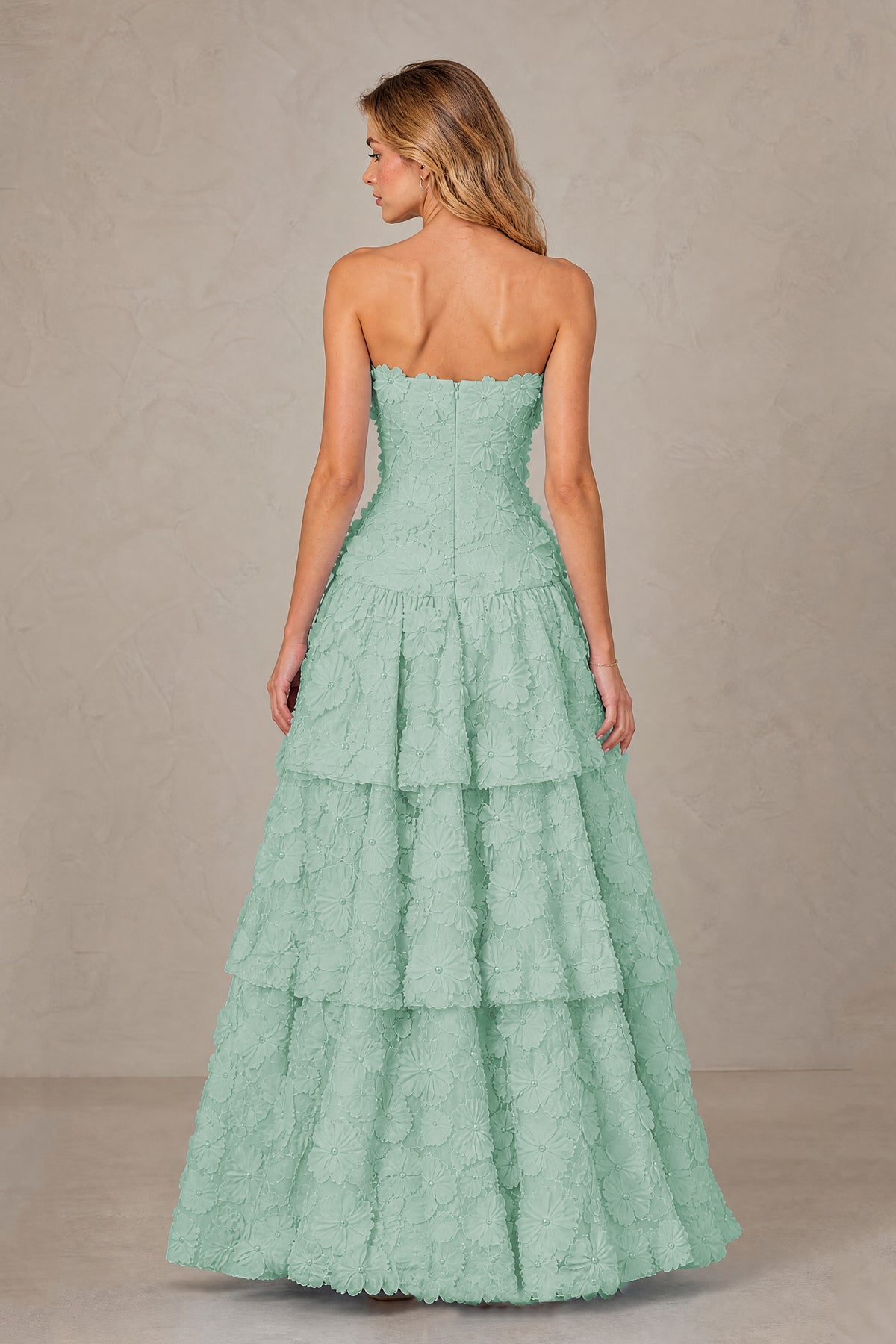 BOLODOO Mint Green Strapless 3D Floral Tiered Evening Gown - Mint Green