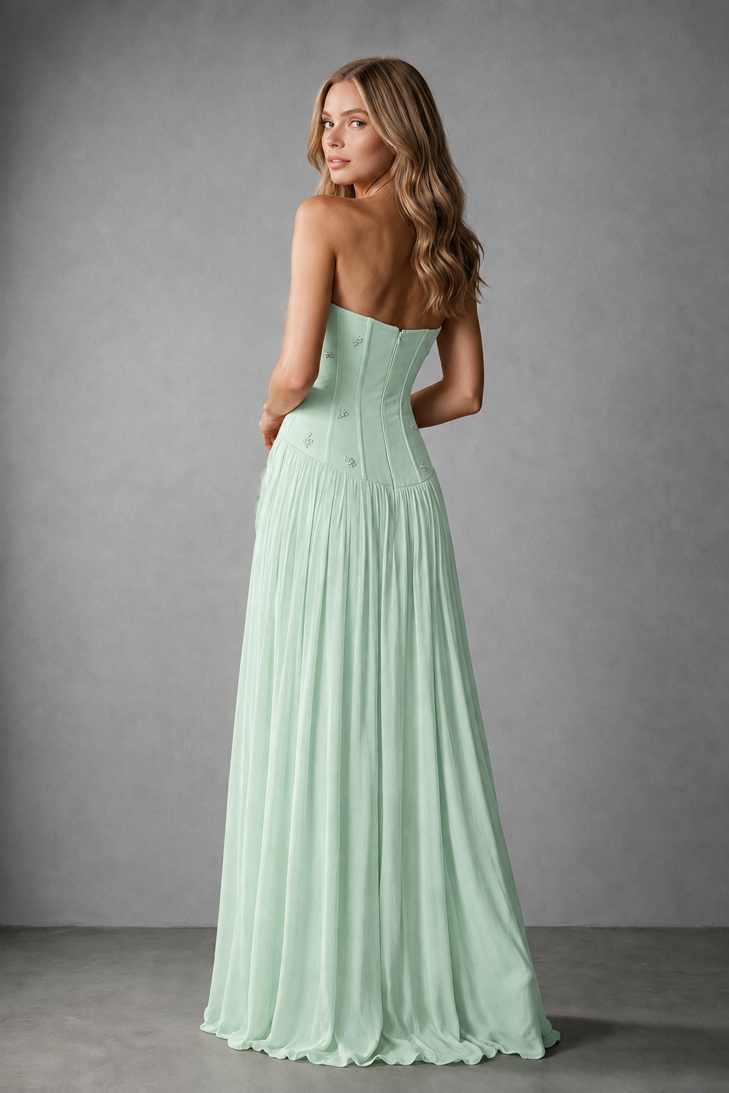 BOLODOO Mint Green Strapless Floral Appliqué Evening Gown - Mint Green