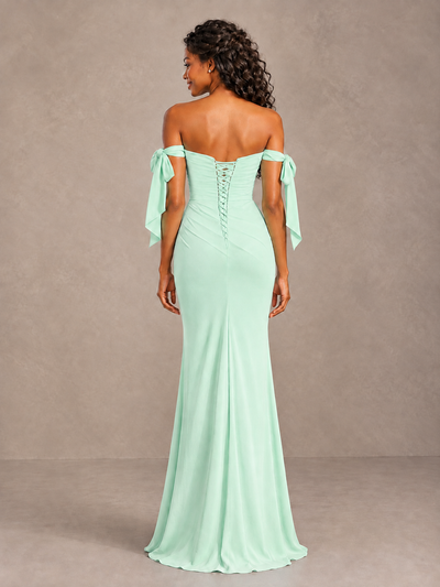 Mint Green Off-Shoulder Bow Bridesmaid Dress with Slit - Mint Green - Mint Green (2)