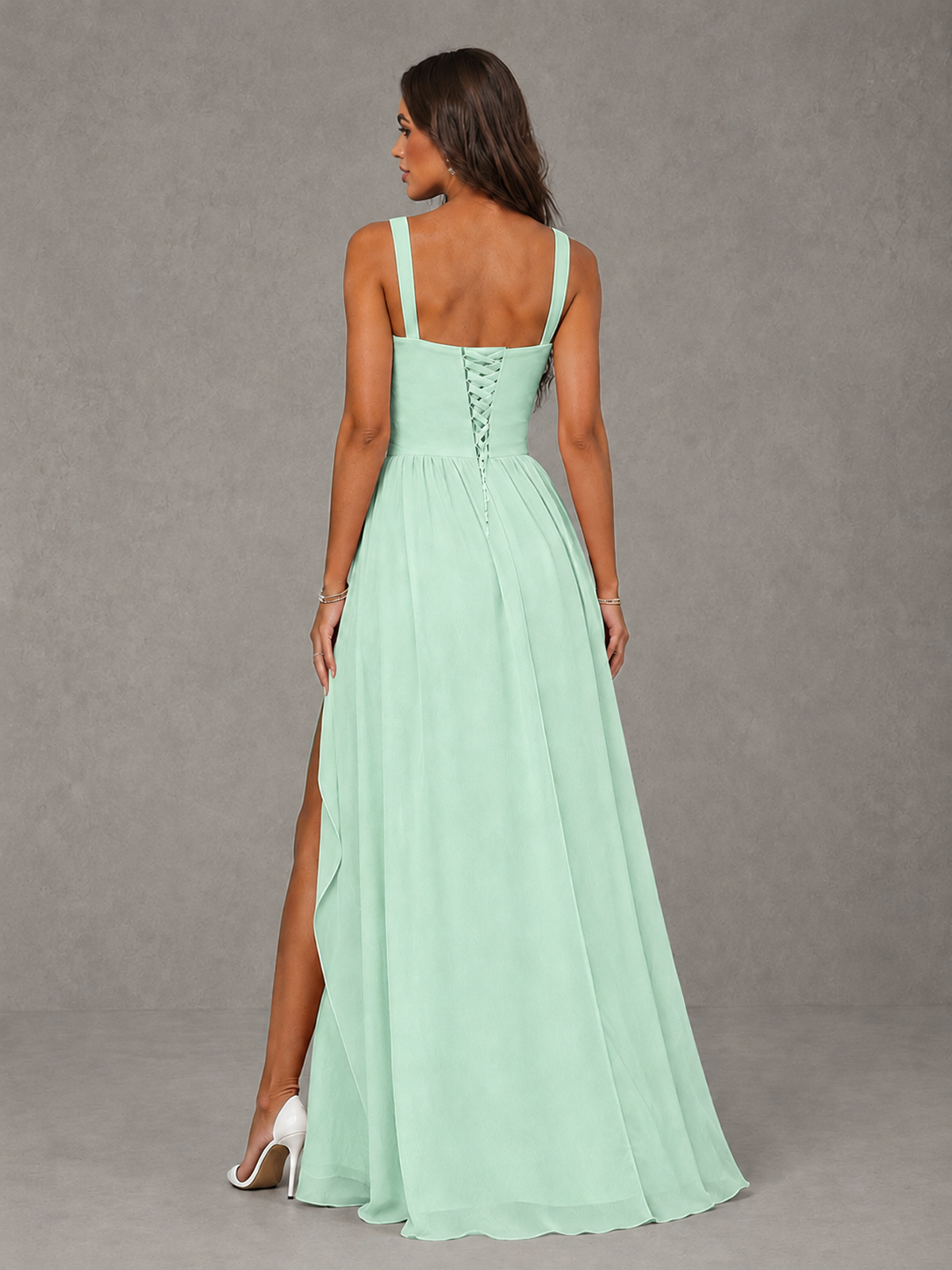 BOLODOO Mint Green A-Line Bridesmaid Dress with High Slit & Lace-Up Back - Mint Green - Mint Green (2)