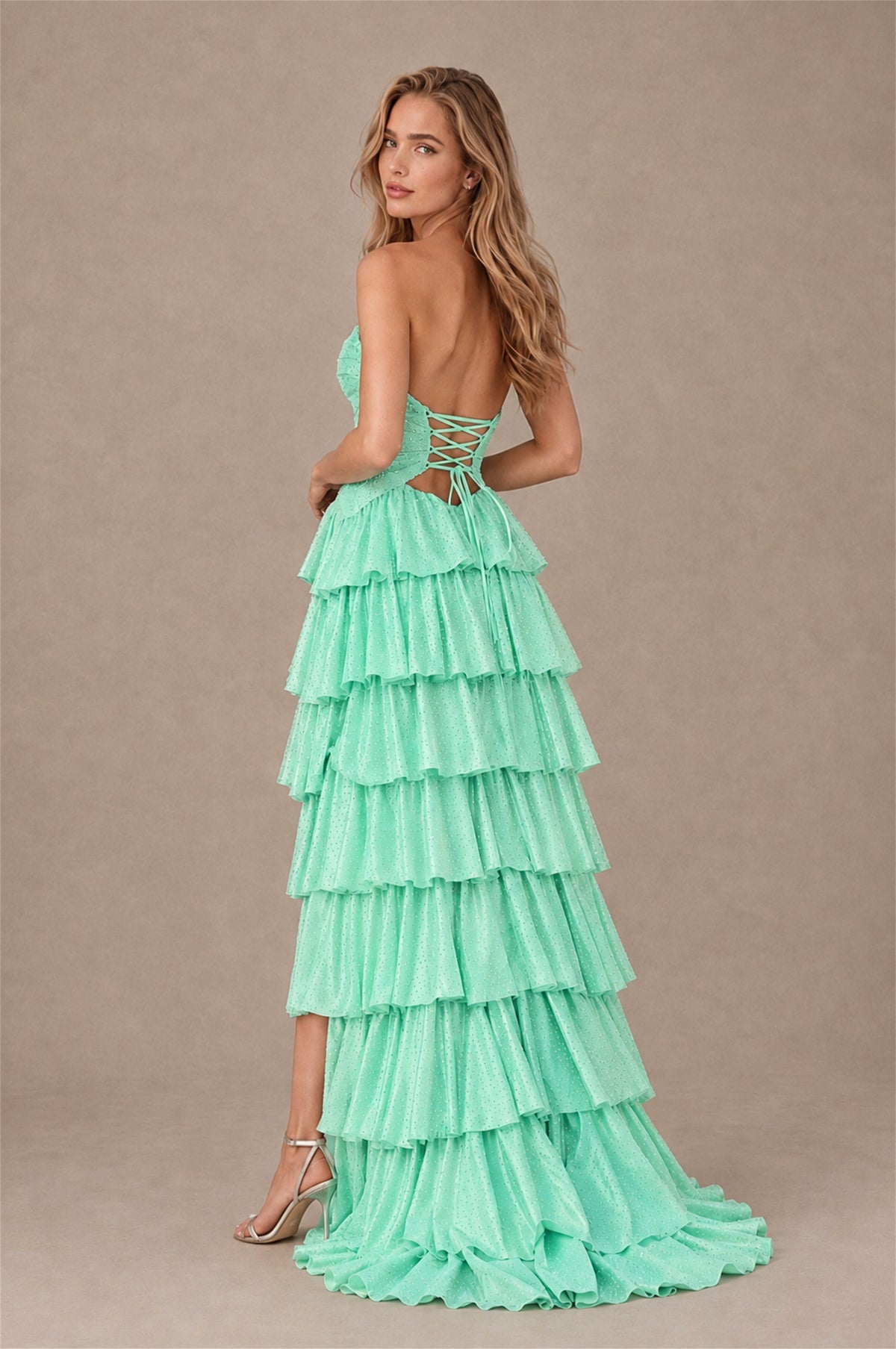 BOLODOO Mint Green Strapless Cutout Tiered Ruffle Prom Dress with High Slit - Mint Green - Mint Green (2)