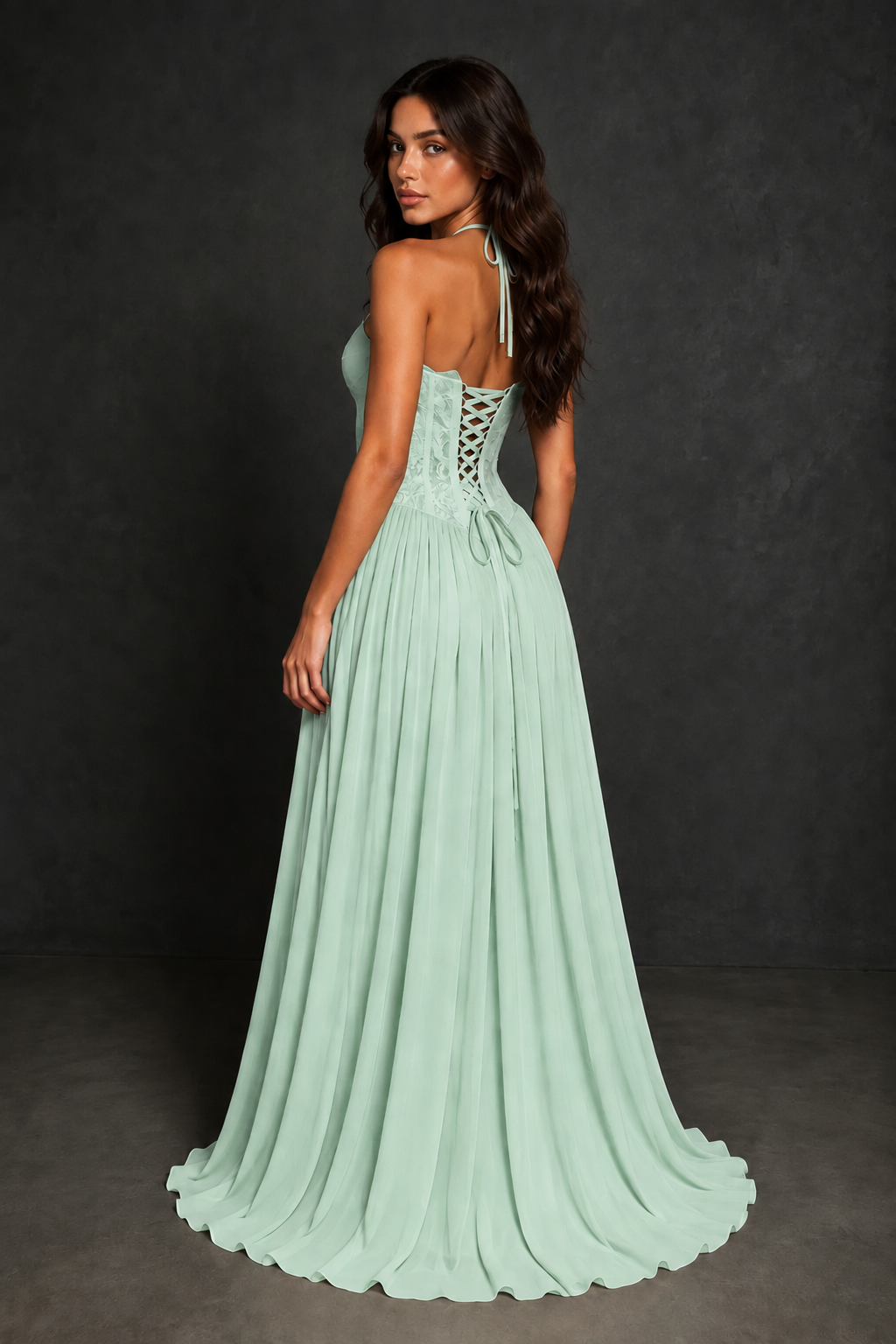 BOLODOO Mint Green Lace Corset Halter Maxi Gown – Backless A-Line Formal Dress - Mint Green