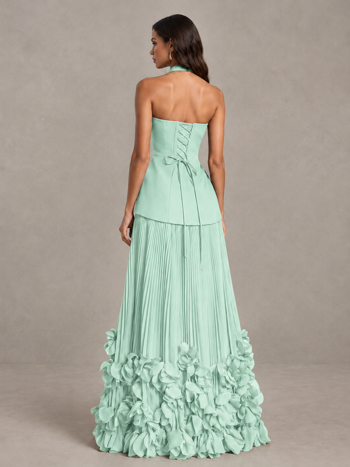 BOLODOO Mint Green Halter Neck Floor-Length Evening Gown with High Slit & 3D Floral Hem - Mint Green - Mint Green (2)