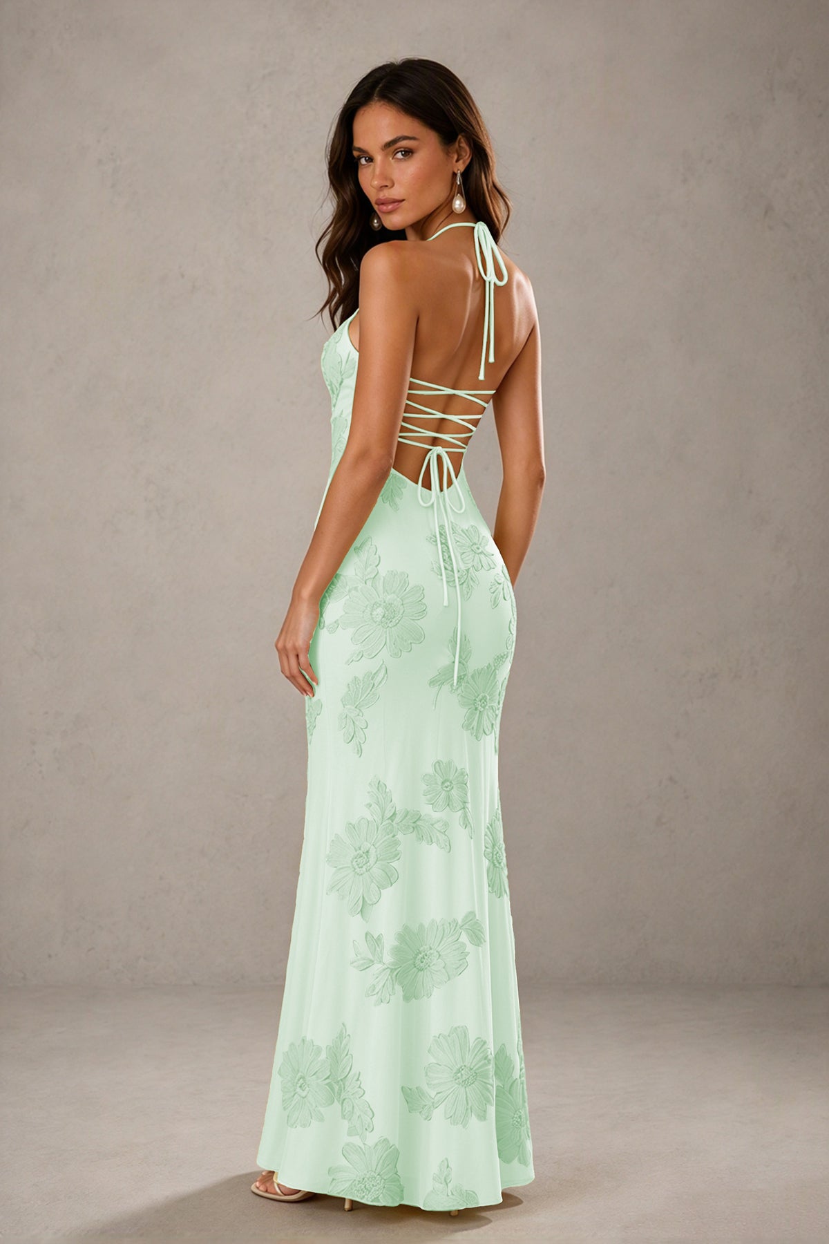 BOLODOO Mint Green Halter Sweetheart Floral Embroidered Lace-Up Open Back Maxi Dress | BD0257 - Mint Green