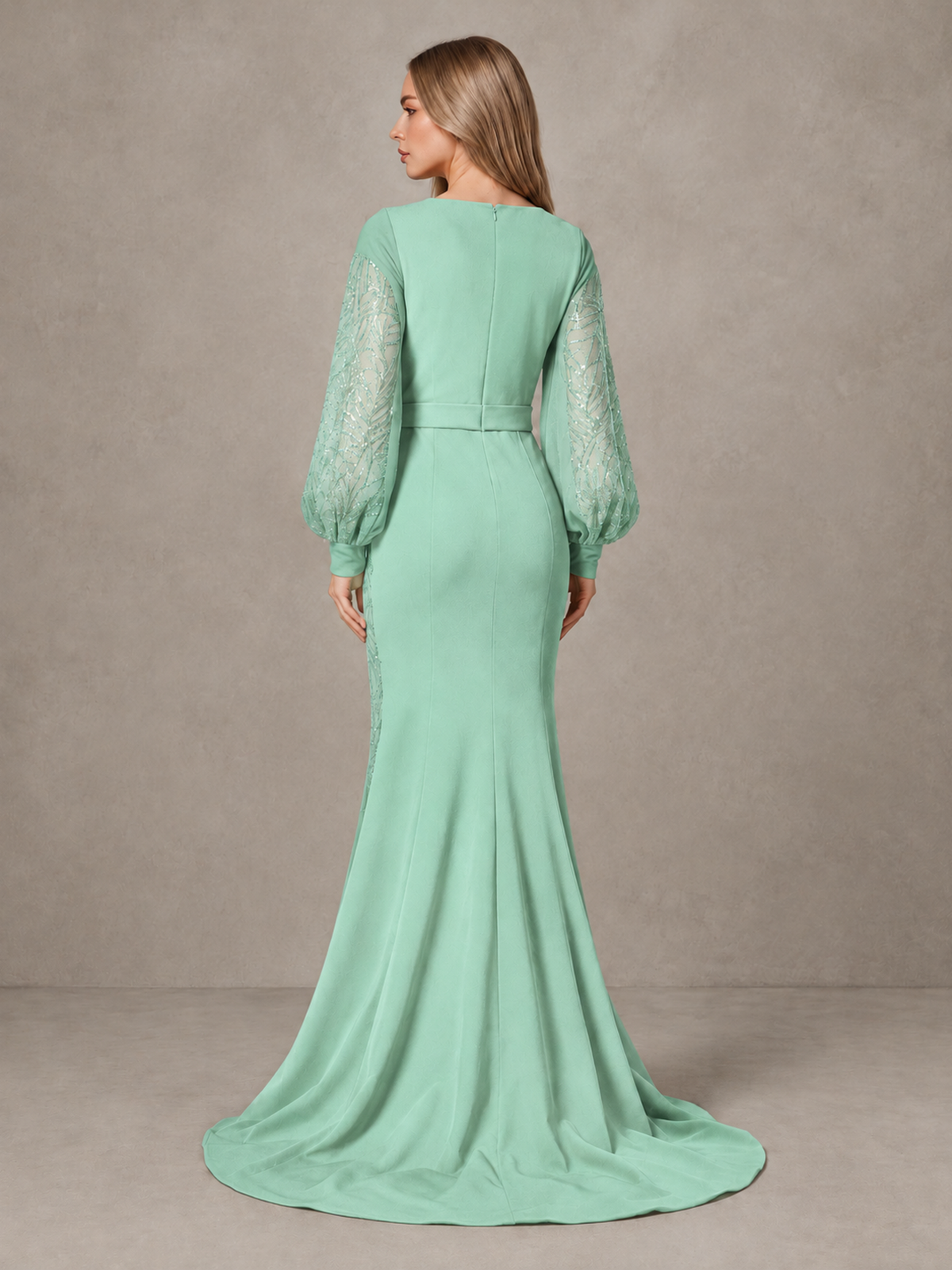 BOLODOO Mint Green Sequin Long Bishop Sleeve Mermaid Evening Dress - Mint Green - Mint Green (2)
