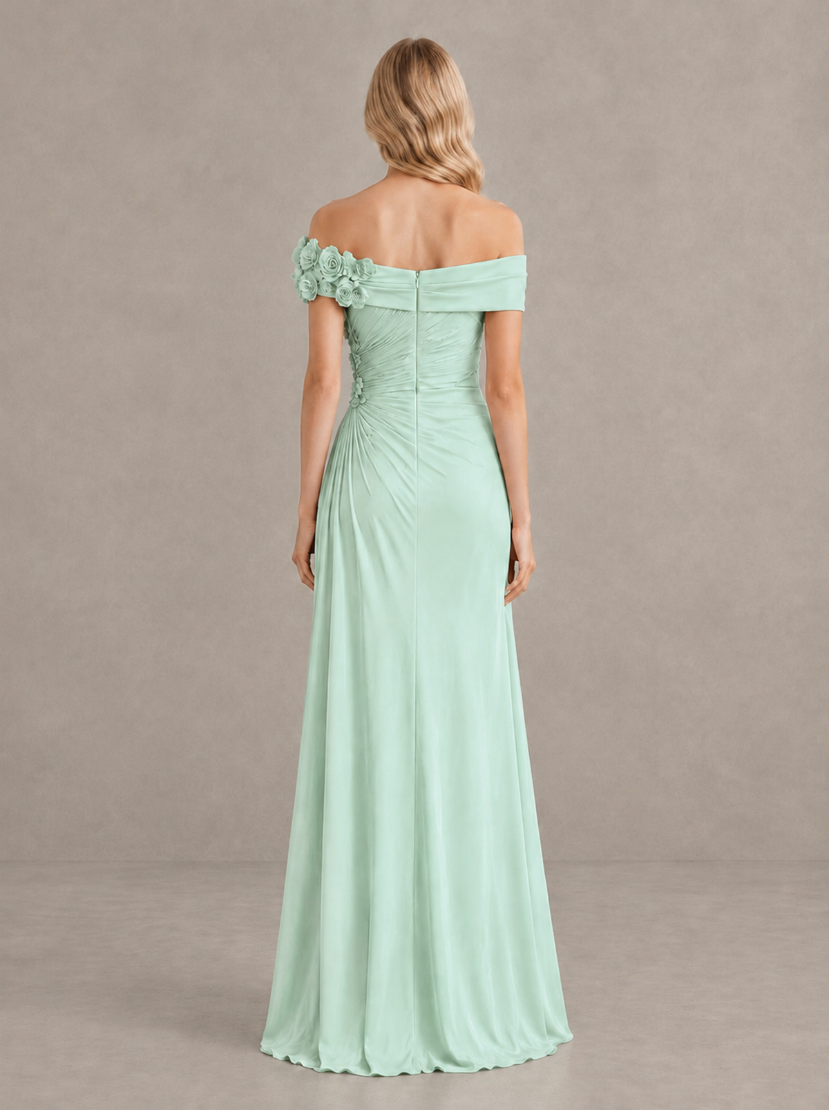 BOLODOO Mint Green Off-Shoulder Floral Applique Wedding Guest Maxi Dress - Mint Green - Mint Green (2)