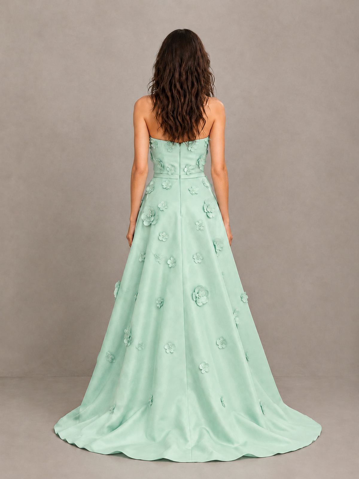 BOLODOO Mint Green Strapless 3D Floral Applique Prom Gown with Draped Skirt - Mint Green - Mint Green (2)