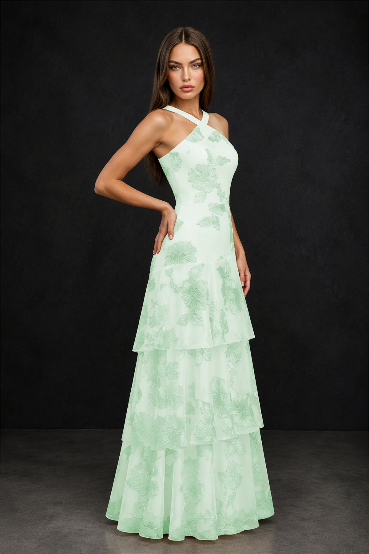 BOLODOO Mint Green Crisscross Halter Neck Mint Green Floral Embroidered Triple Tiered A-Line Tulle Maxi Dress - Mint Green
