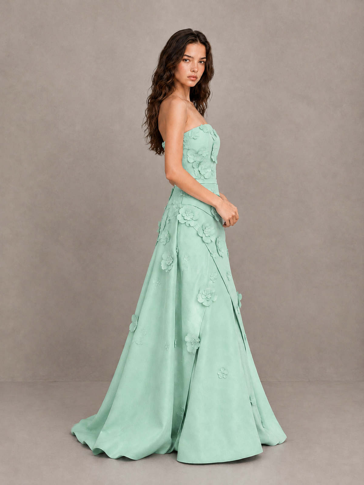 BOLODOO Mint Green Strapless 3D Floral Applique Prom Gown with Draped Skirt - Mint Green - Mint Green (3)