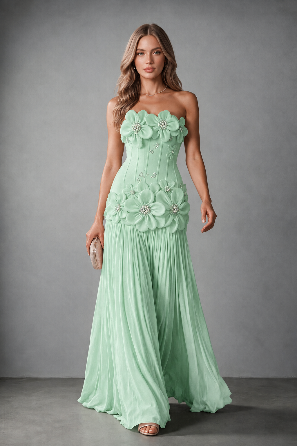 BOLODOO Mint Green Strapless Floral Appliqué Evening Gown - Mint Green