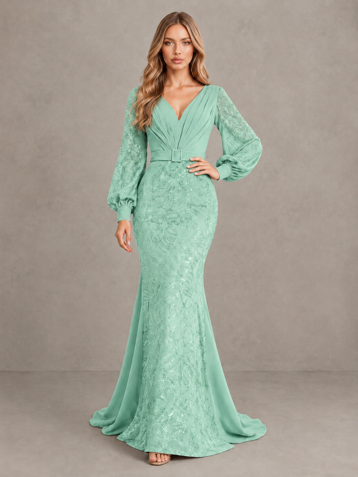 BOLODOO Mint Green Sequin Long Bishop Sleeve Mermaid Evening Dress - Mint Green - Mint Green (3)