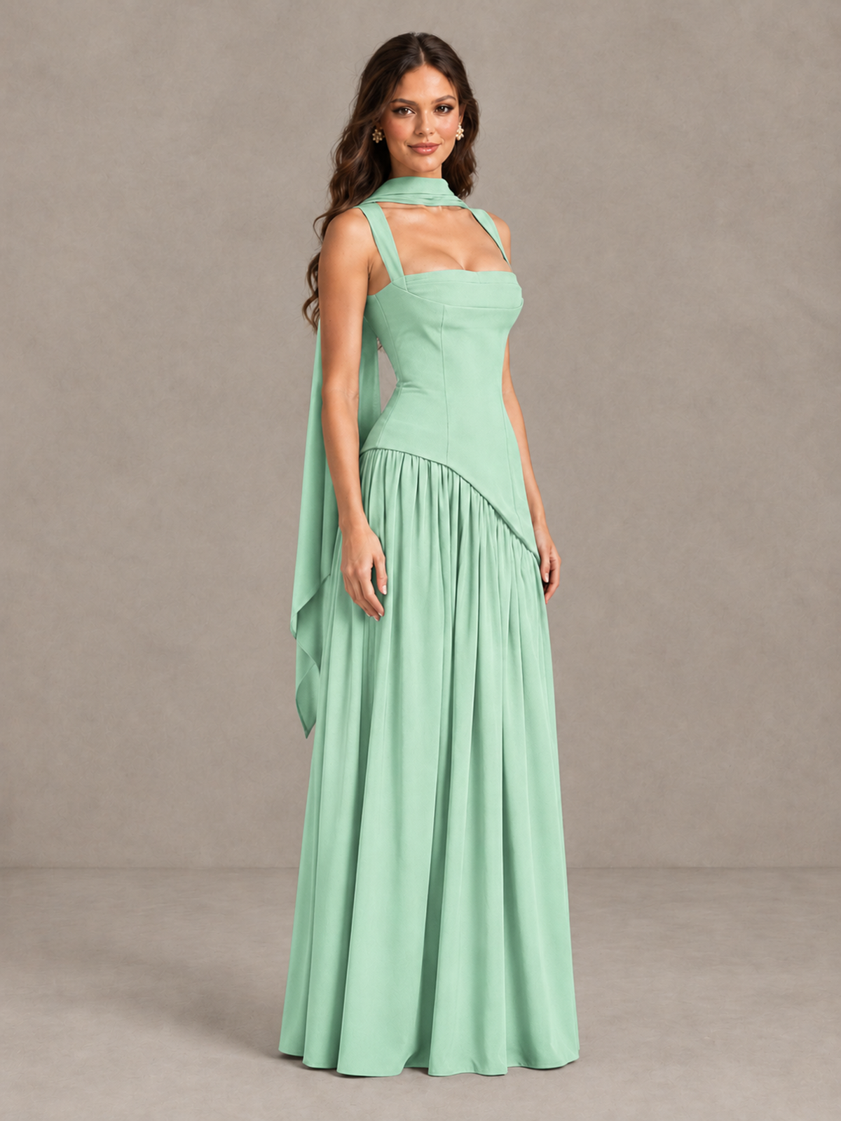 BOLODOO Mint Green Brown Scarf Bridesmaid Dress with Lace-Up Back - Mint Green - Mint Green (3)