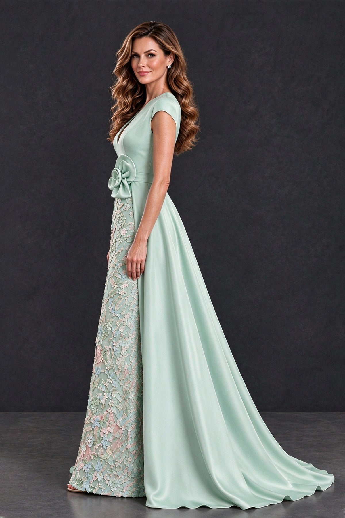 BOLODOO Mint Green Satin and Lace V-Neck Mother of the Bride Dress - Mint Green - Mint Green (3)