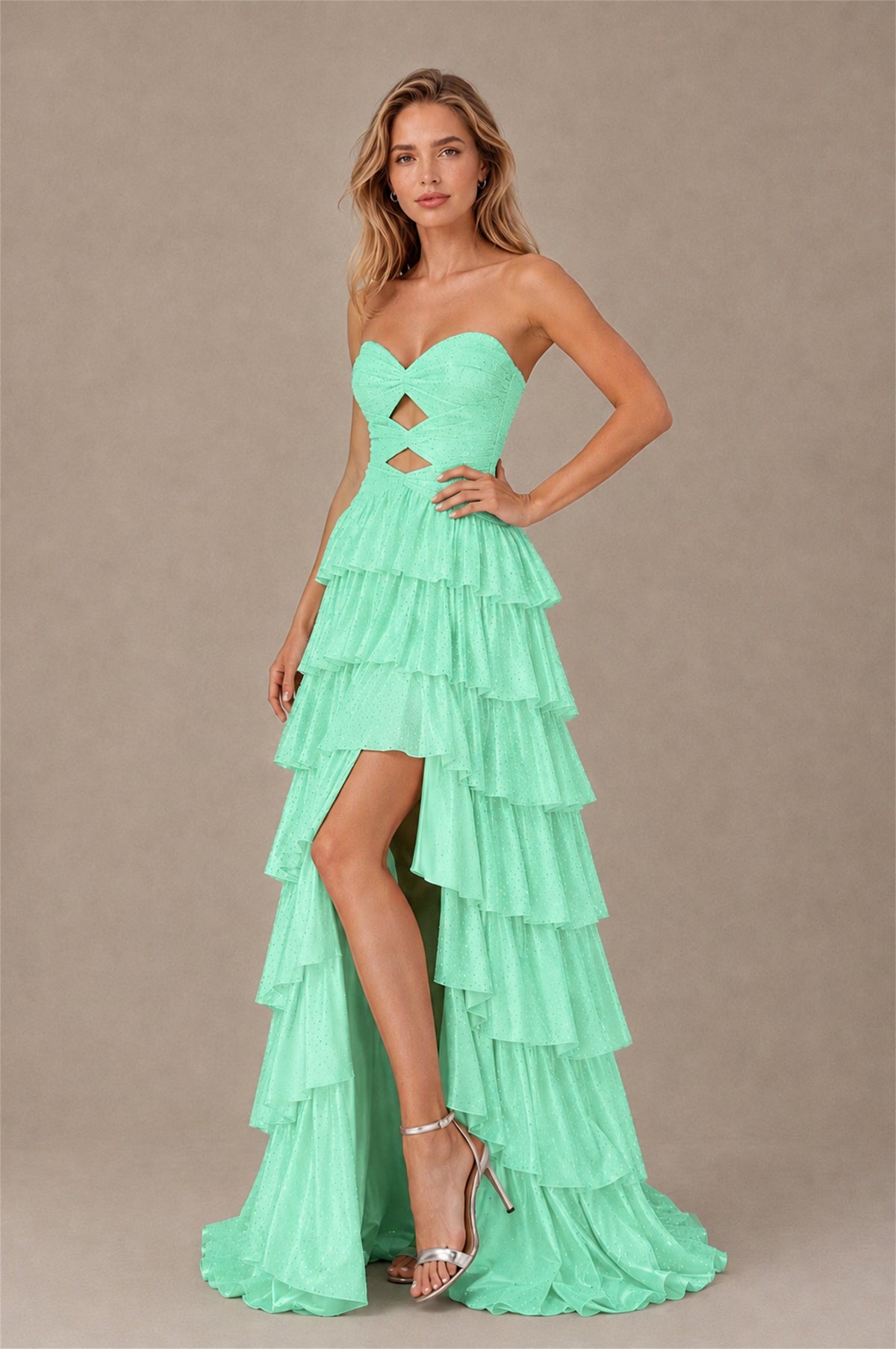 BOLODOO Mint Green Strapless Cutout Tiered Ruffle Prom Dress with High Slit - Mint Green - Mint Green (3)