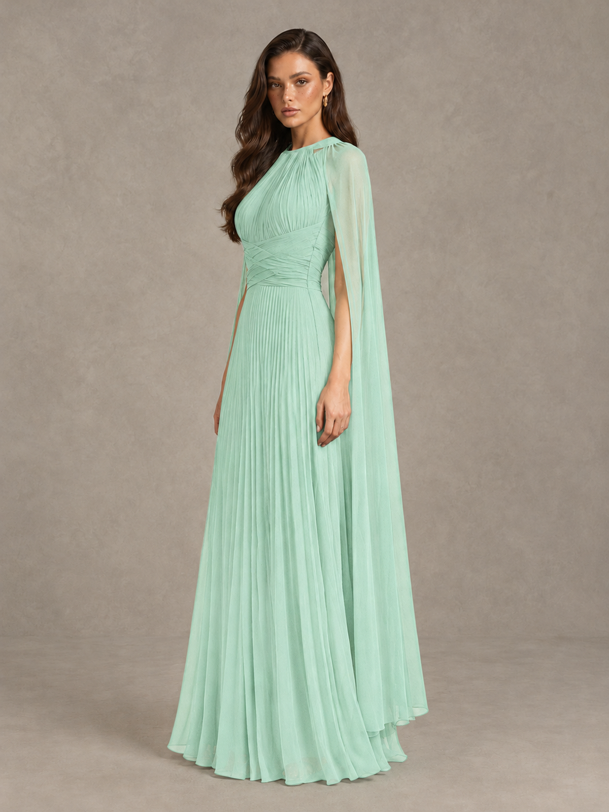 BOLODOO Mint Green Pleated Cape Maxi Wedding Guest Dress - Mint Green - Mint Green (3)
