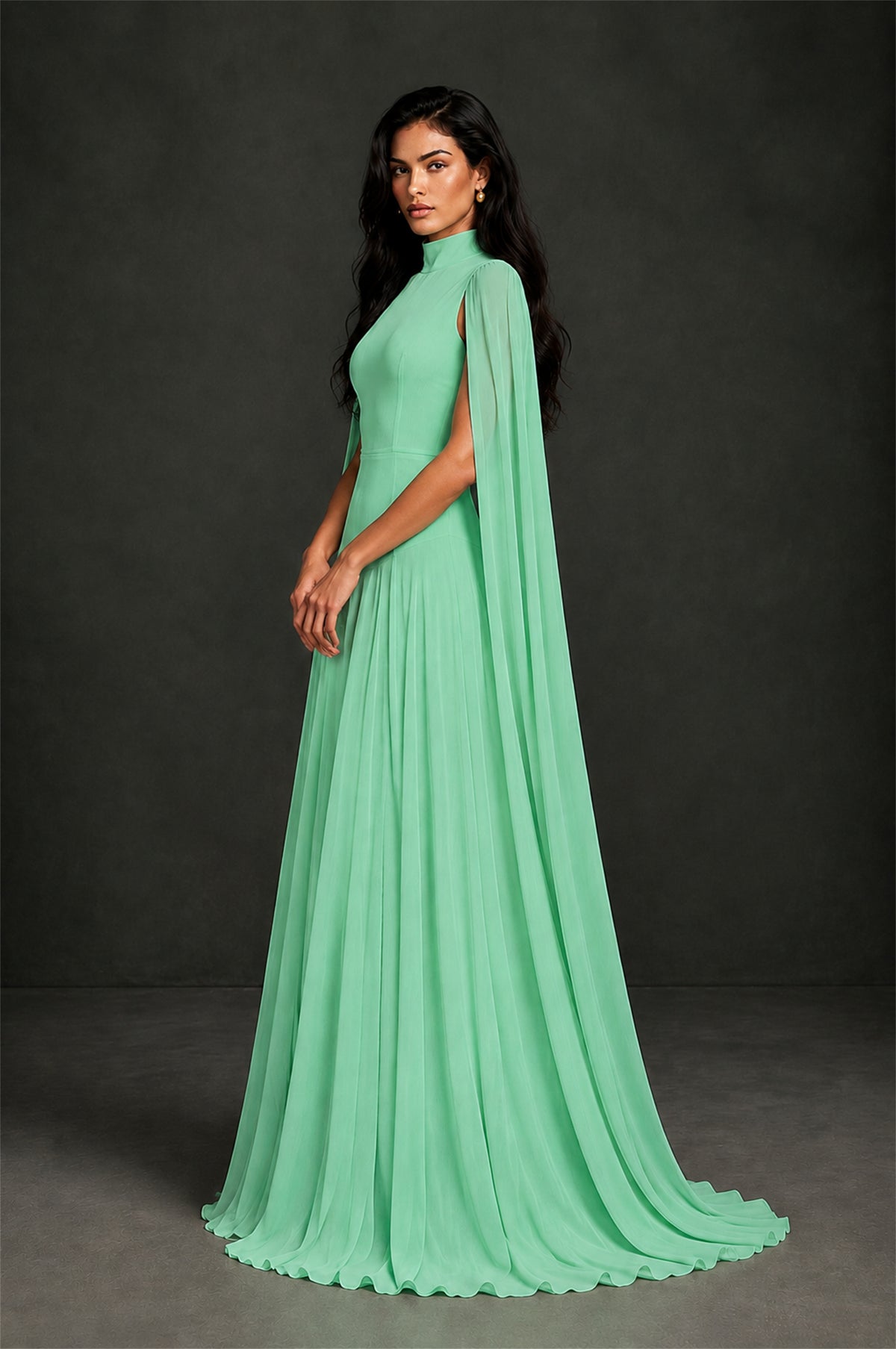 BOLODOO Mint Green Mock Neck Cape Sleeve A-Line Chiffon Maxi Dress - Mint Green - Mint Green (3)
