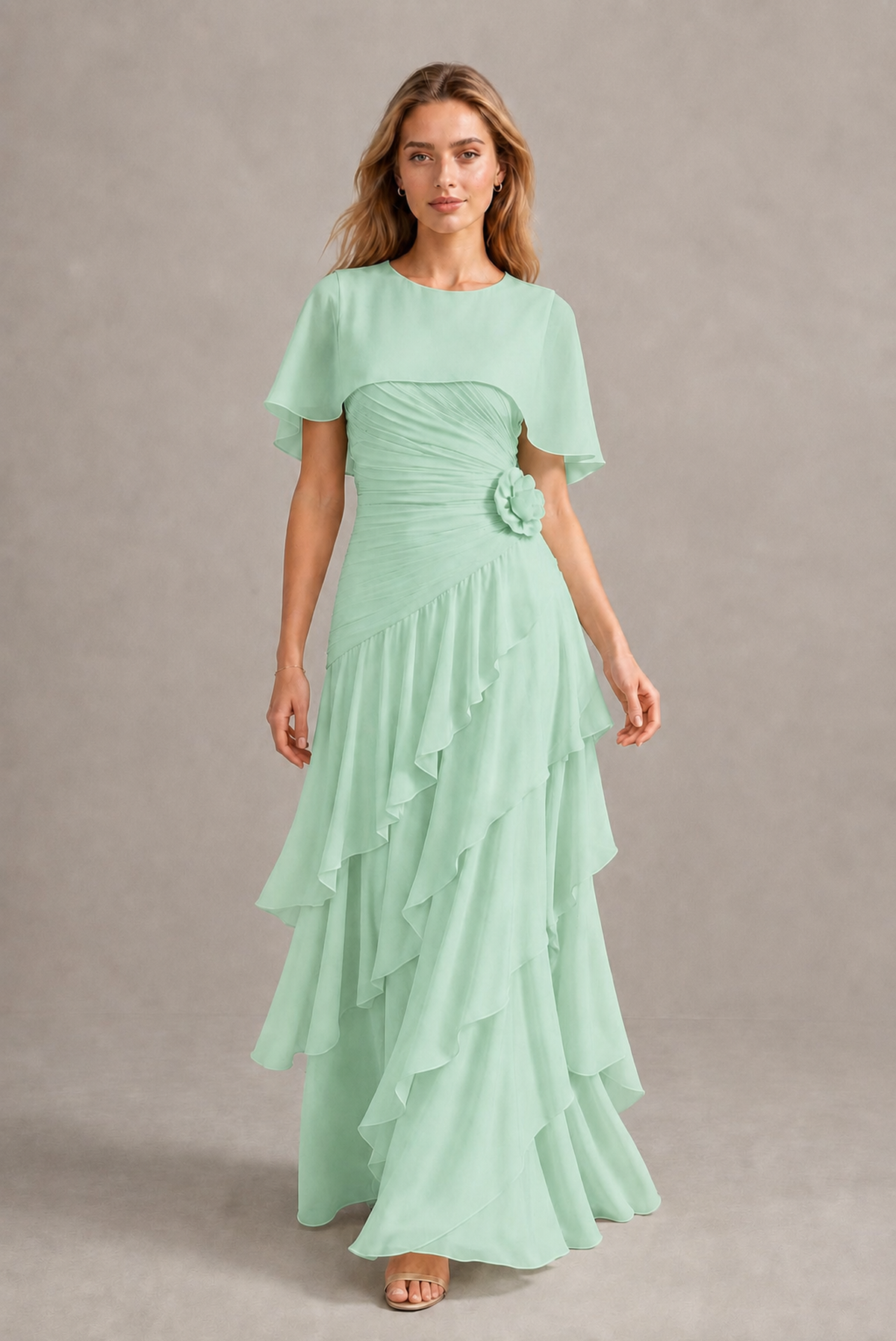 BOLODOO Mint Green Chiffon Flutter Sleeve Tiered Maxi Dress with 3D Rosette - Mint Green