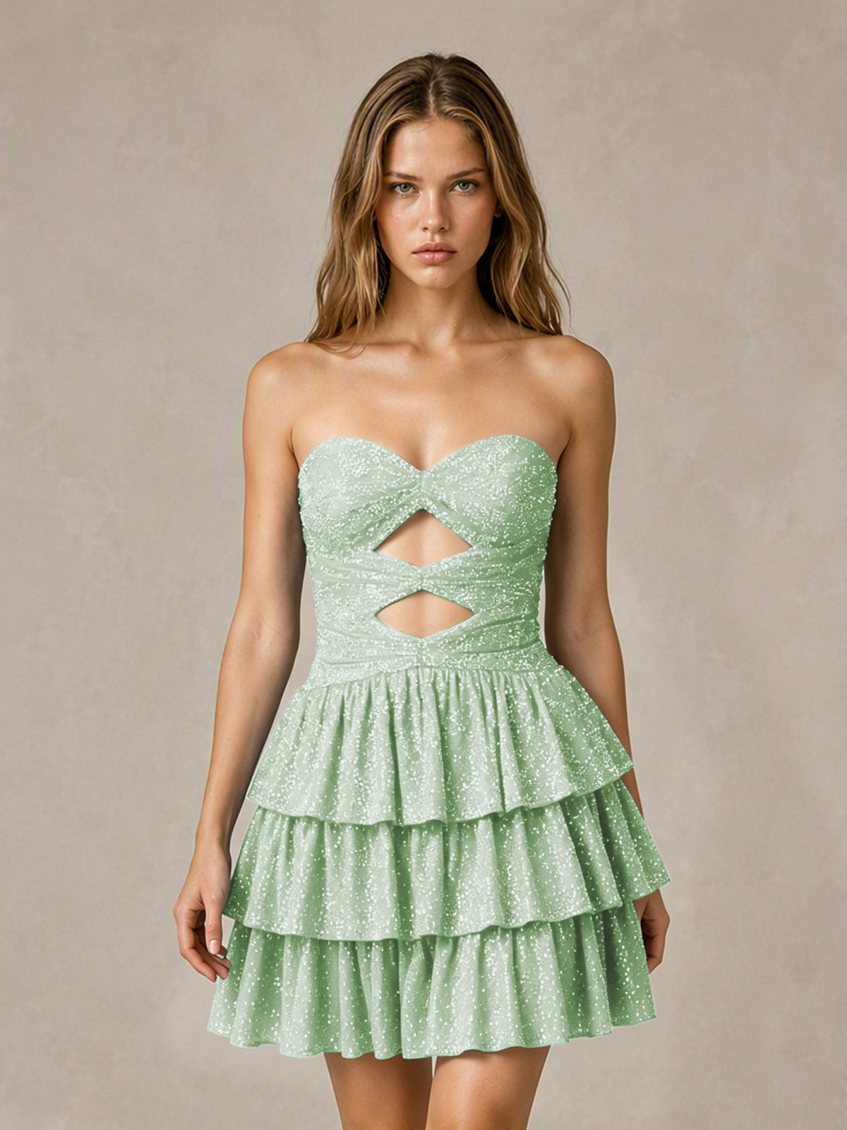BOLODOO Mint Green Strapless Sweetheart Cutout Glitter Tiered Ruffle Mini Dress | Lace-Up Back Corset - Mint Green