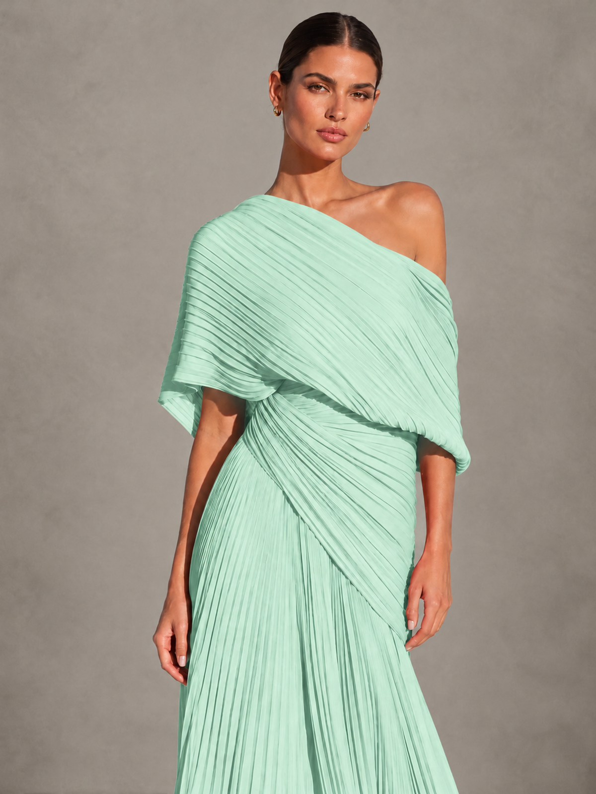 BOLODOO Mint Green One-Shoulder Pleated Cape Evening Gown with Train - Mint Green - Mint Green (3)