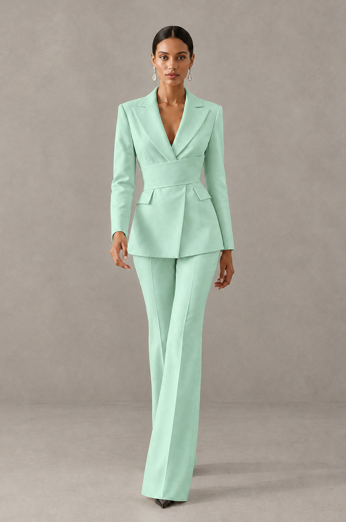 BOLODOO Mint Green Two-Piece Pantsuit with Tailored Blazer & Flared Pants - Mint Green - Mint Green (3)