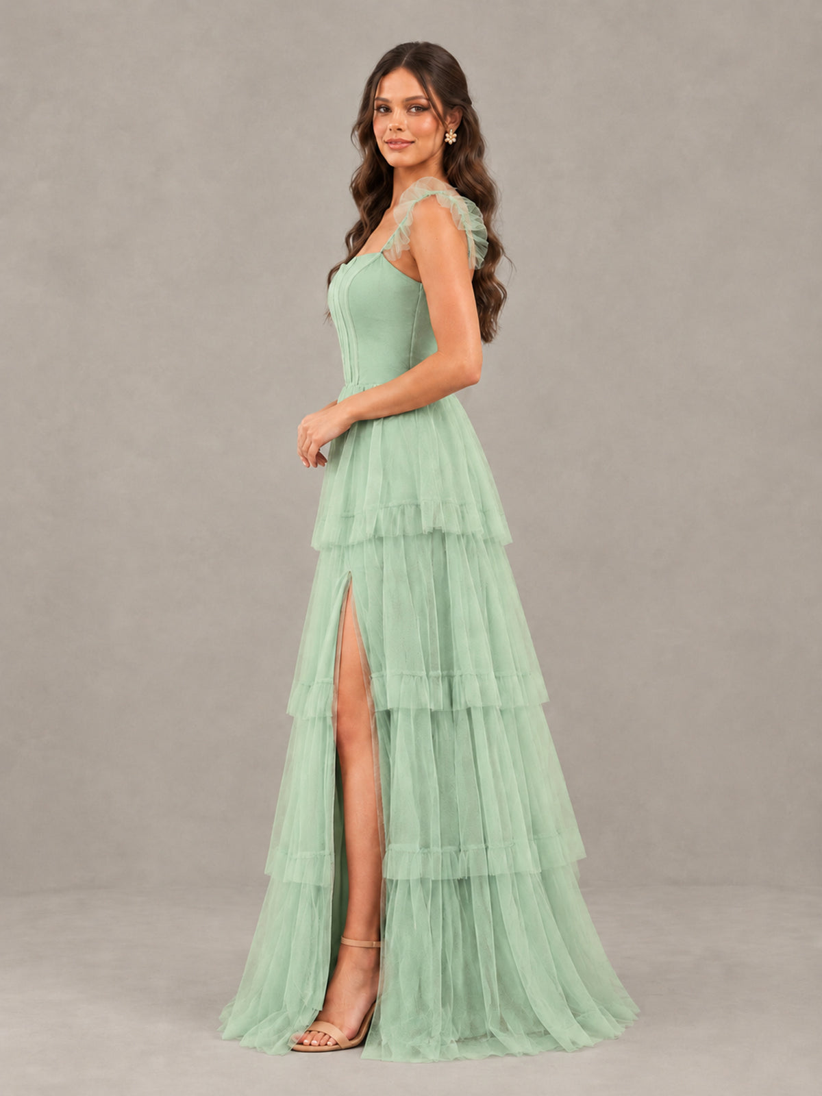 BOLODOO Mint Green Tiered Tulle Bridesmaid Dress with Slit - Mint Green - Mint Green (3)