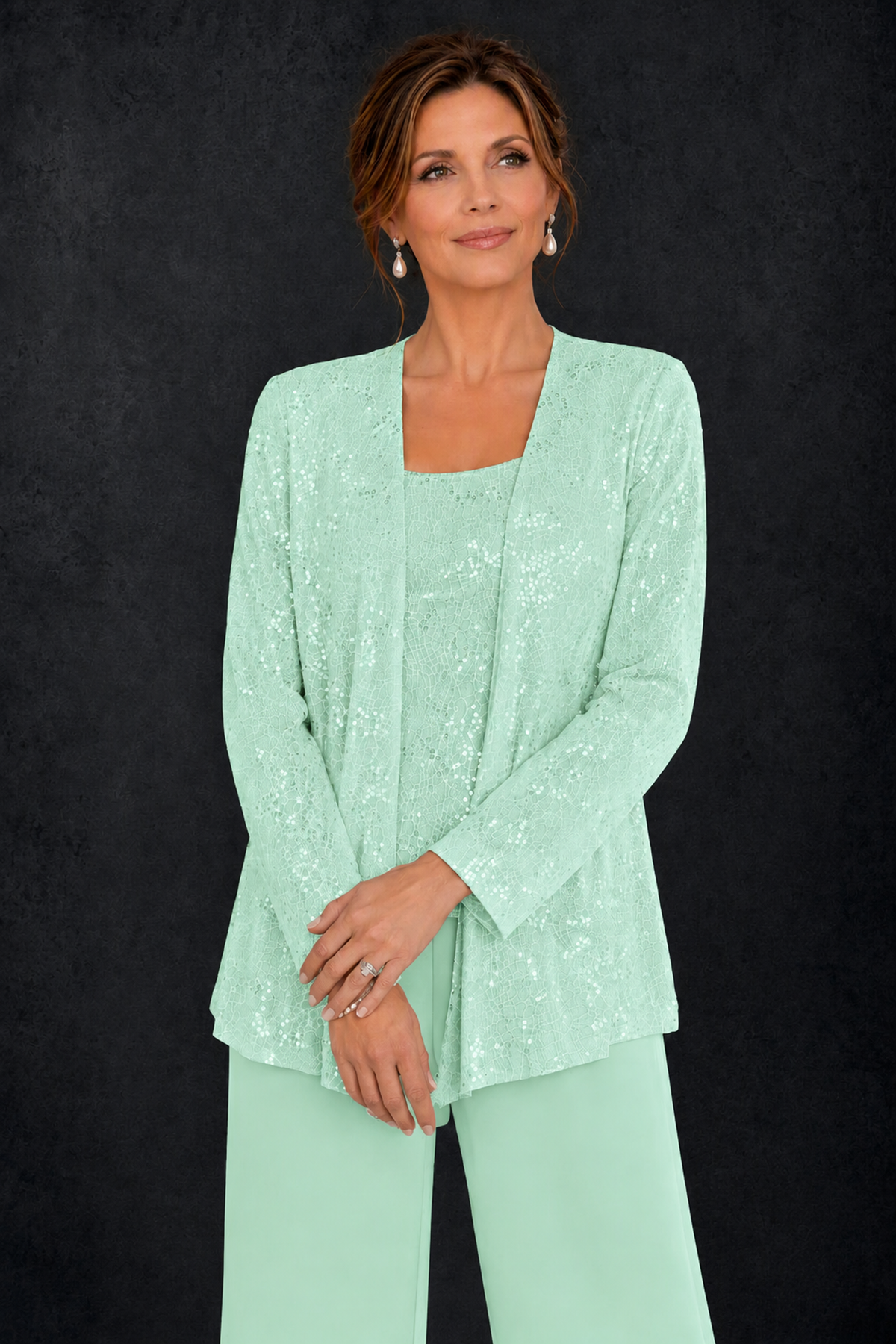 BOLODOO Mint Green Sequin Lace 3-Piece Pant Suit with Long Sleeve Jacket - Mint Green - Mint Green (3)