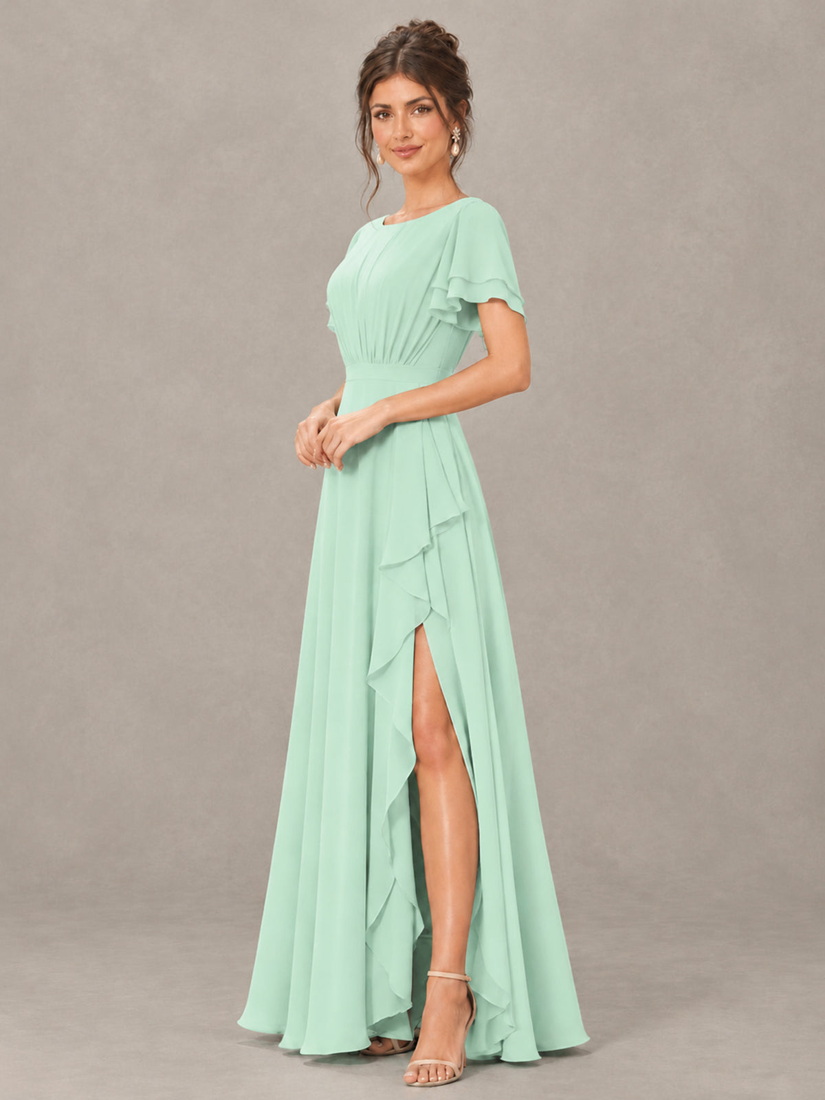 BOLODOO Mint Green Flutter Sleeve Ruffle Bridesmaid Dress with Slit - Mint Green - Mint Green (3)