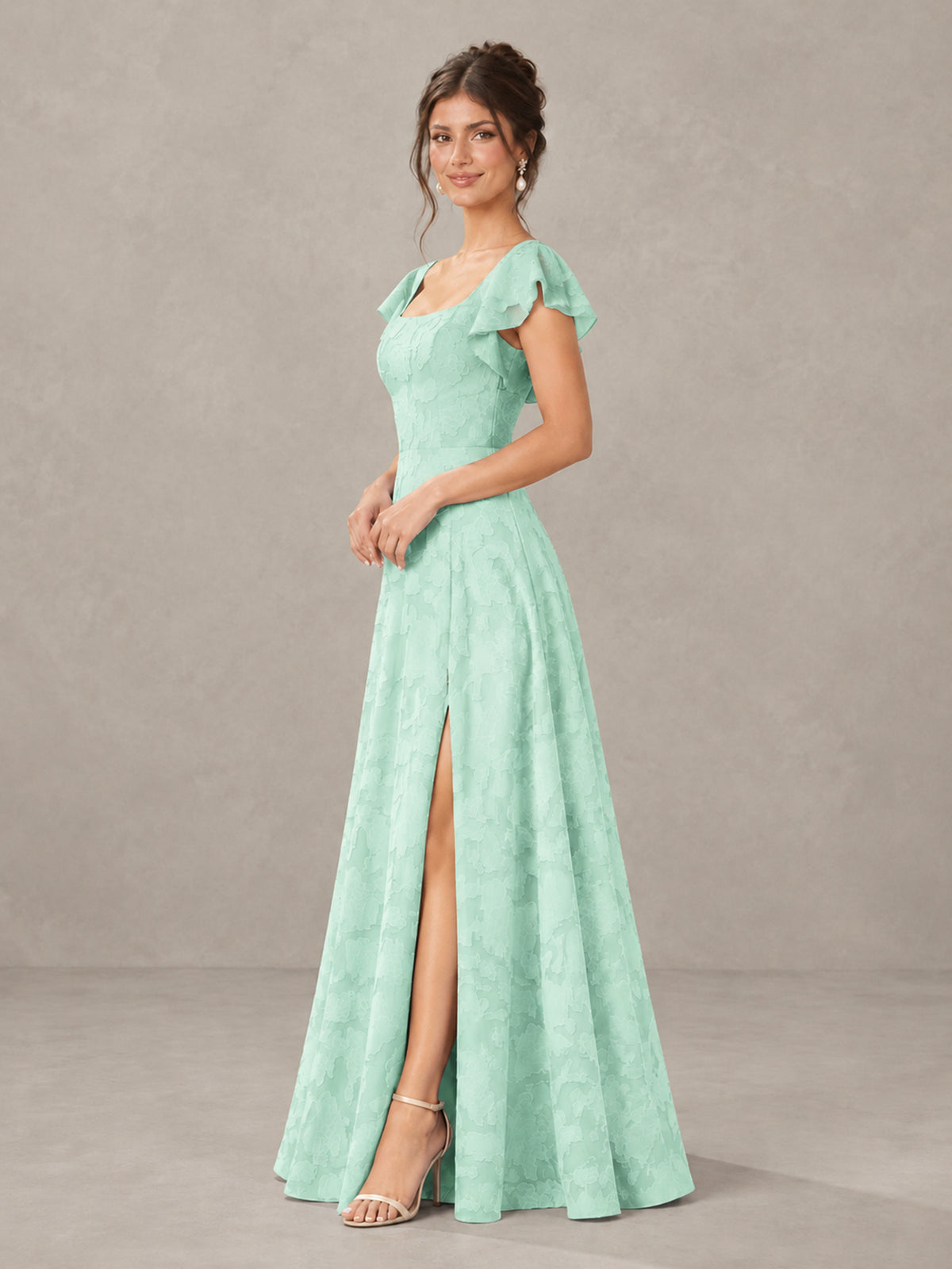 BOLODOO Mint Green Floral Flutter Sleeve Bridesmaid Dress with Slit - Mint Green - Mint Green (3)