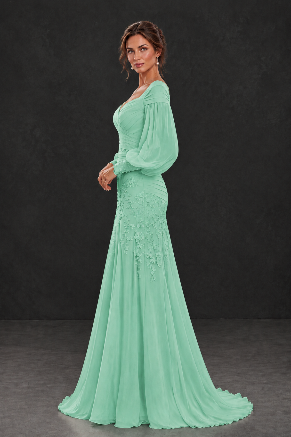 BOLODOO Mint Green Long Sleeve Mother of the Bride Dress with Floral Appliqués - Mint Green - Mint Green (3)