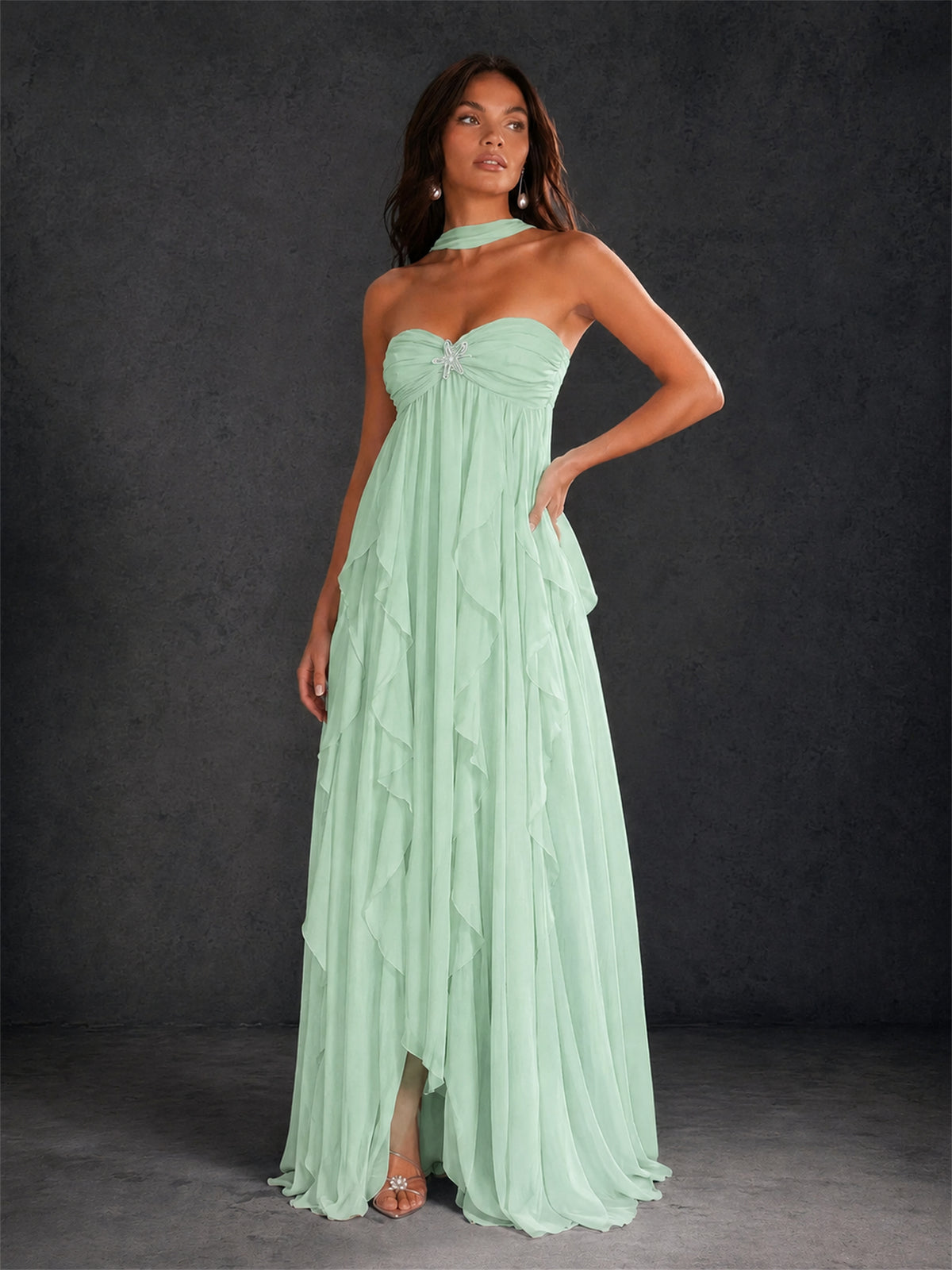 BOLODOO Mint Green Halter Neck Cascading Ruffle Chiffon Maxi Dress | Keyhole Open Back - Mint Green
