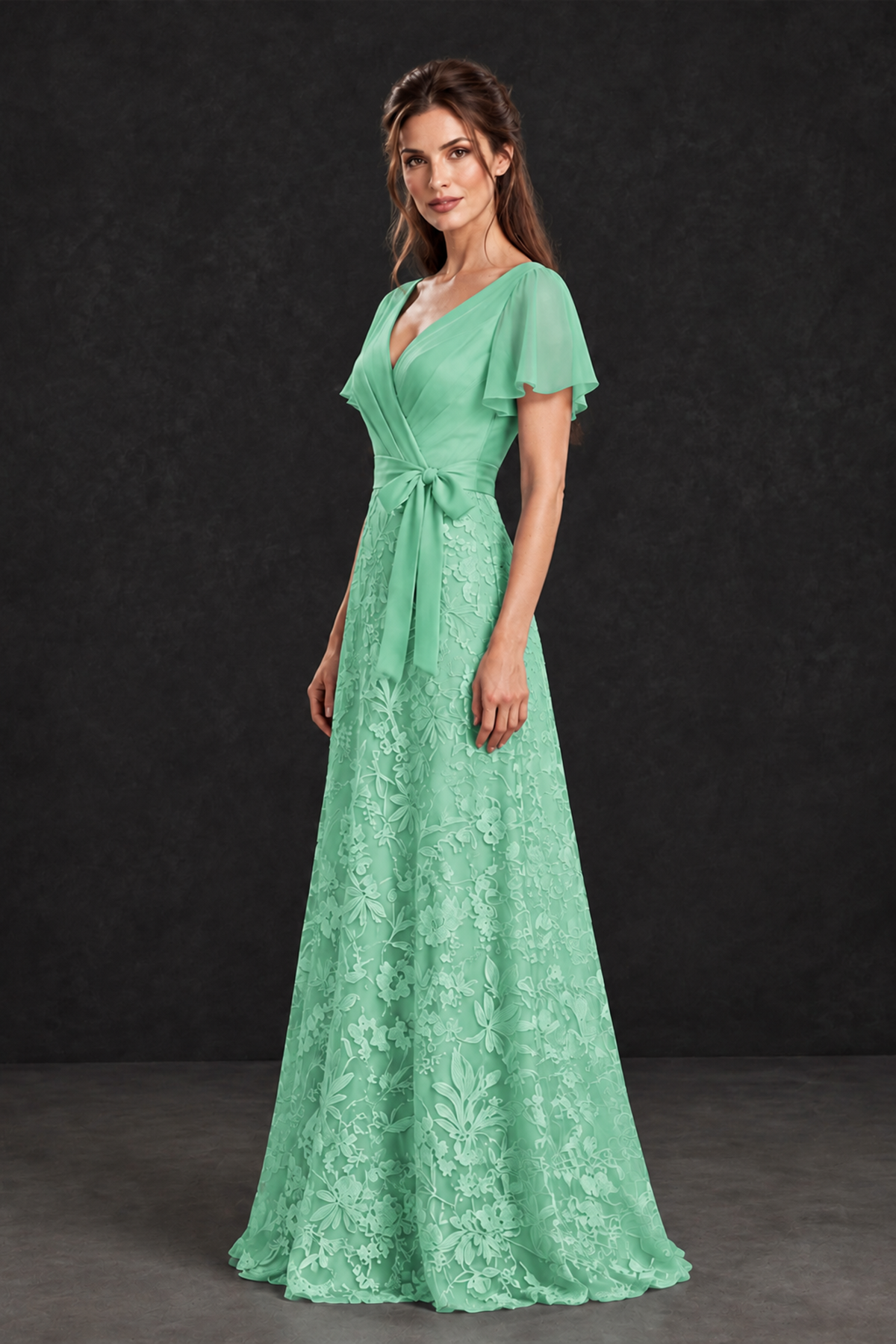 BOLODOO Mint Green Flutter Sleeve Lace Mother of the Bride Dress - Mint Green