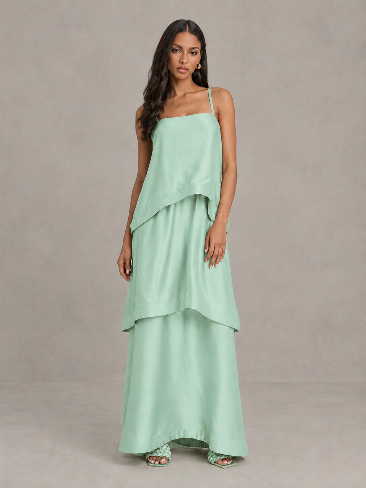 BOLODOO Mint Green Satin Tiered Maxi Dress with Spaghetti Straps - Mint Green