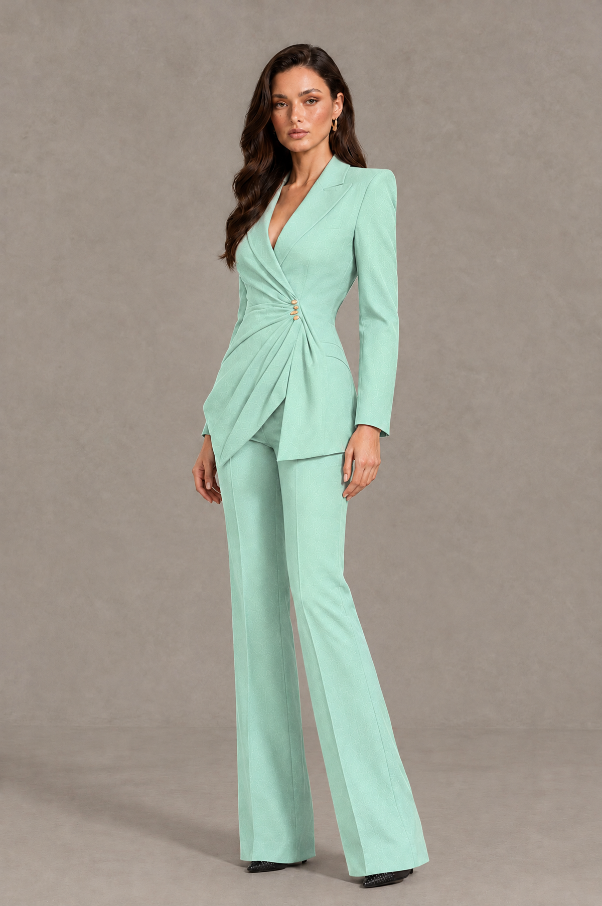 BOLODOO Mint Green Long Sleeve Wrap Blazer Pantsuit with Wide-Leg Trousers - Mint Green - Mint Green (3)