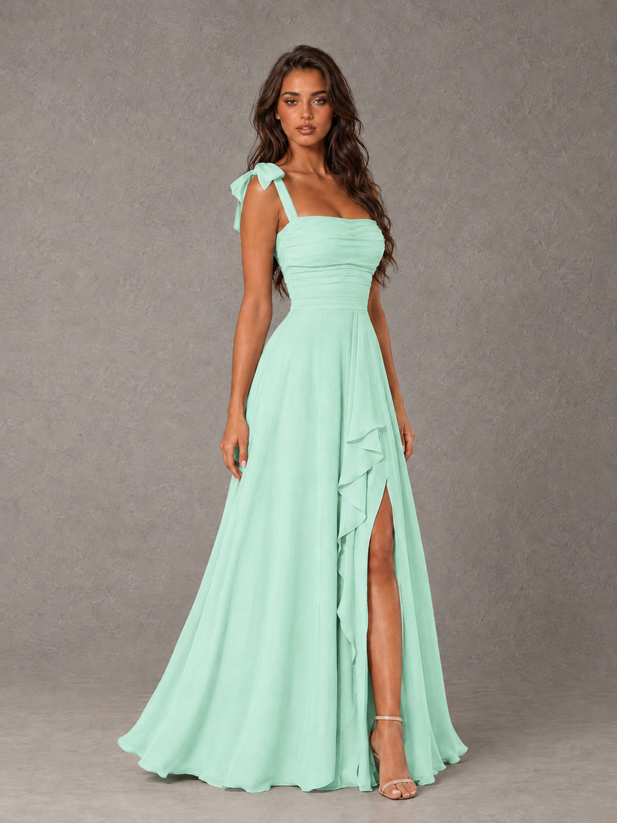BOLODOO Mint Green Bow-Strap Bridesmaid Dress with Ruffle Slit - Mint Green - Mint Green (3)