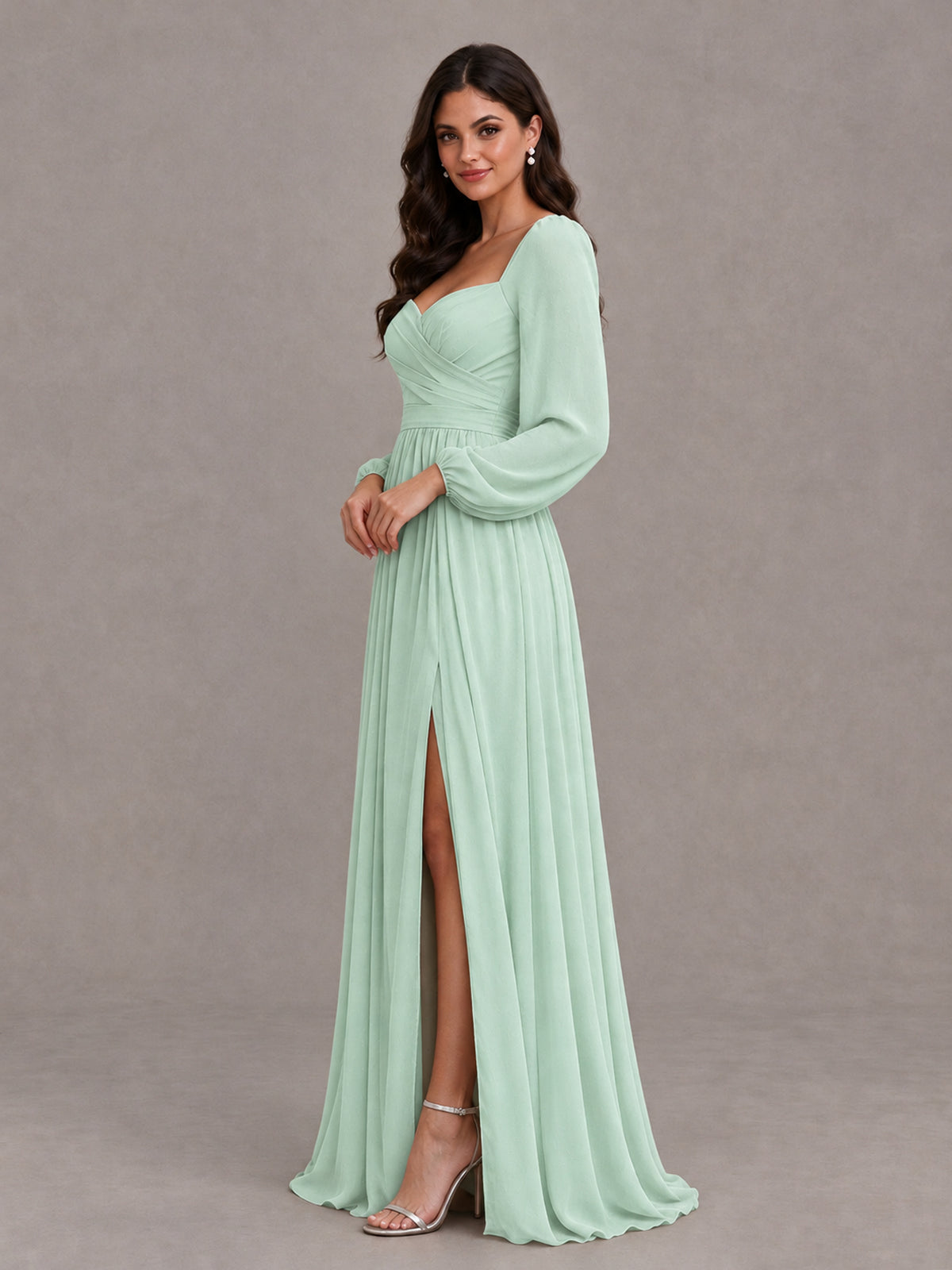 BOLODOO Mint Green Long Sleeve Chiffon Bridesmaid Dress with Slit - Mint Green - Mint Green (3)